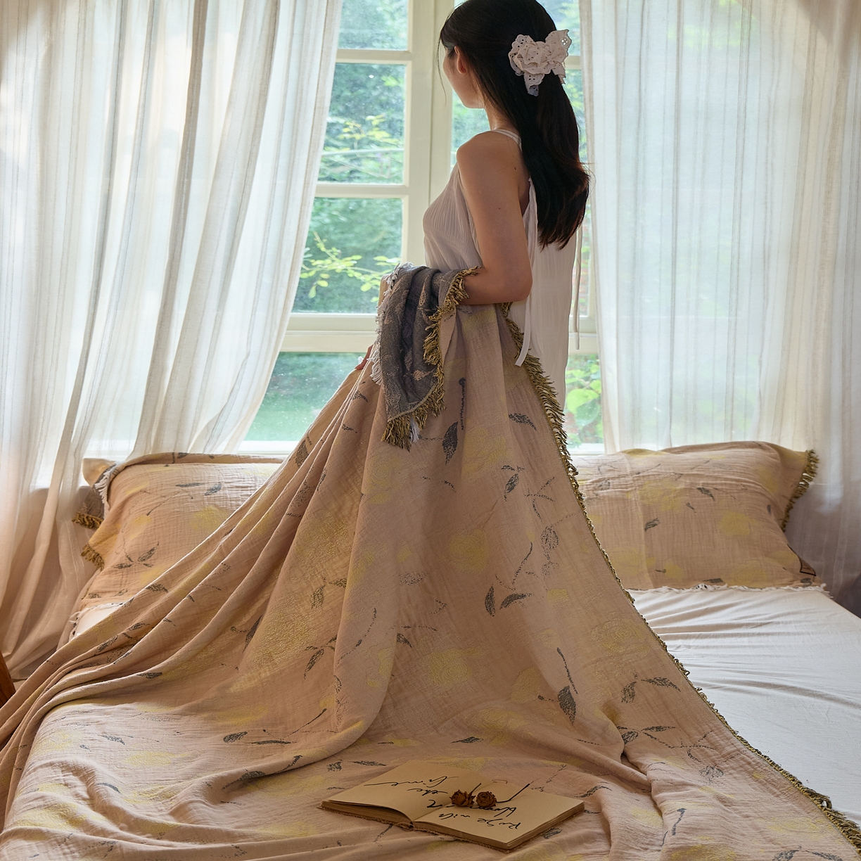 91家纺网 家纺一手货源 找家纺 沐瑟家纺 2025新款四层纱布全棉流苏毯子纱布床盖毛巾被纯棉棉纱夏凉被午睡盖毯三件套 柠染