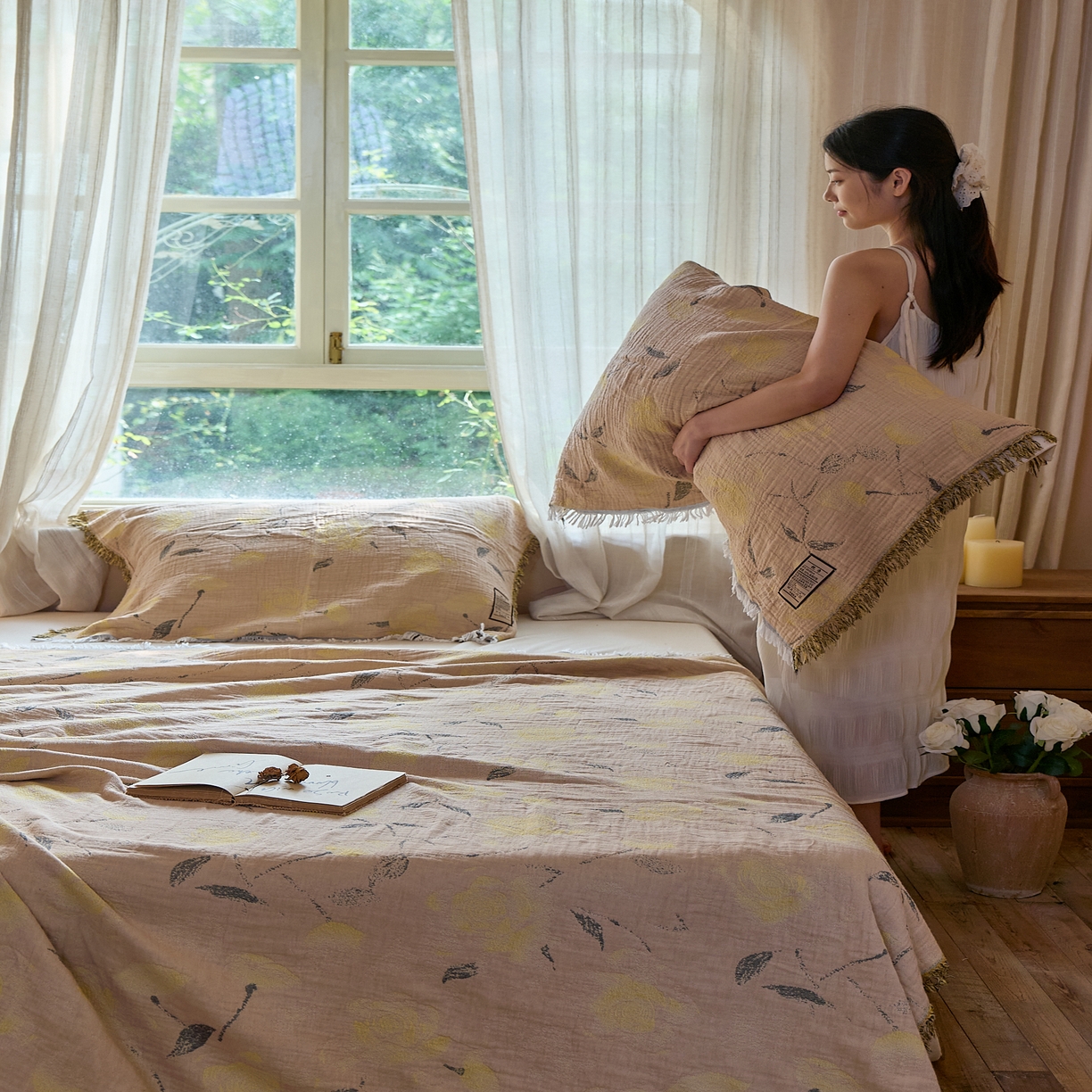 91家纺网 家纺一手货源 找家纺 沐瑟家纺 2025新款四层纱布全棉流苏毯子纱布床盖毛巾被纯棉棉纱夏凉被午睡盖毯三件套 柠染