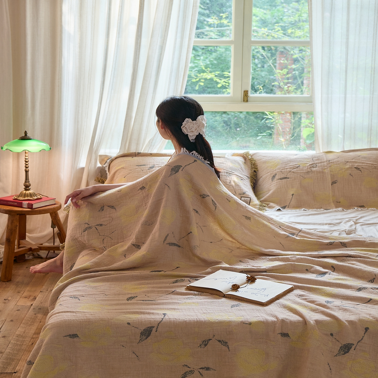 91家纺网 家纺一手货源 找家纺 沐瑟家纺 2025新款四层纱布全棉流苏毯子纱布床盖毛巾被纯棉棉纱夏凉被午睡盖毯三件套 柠染