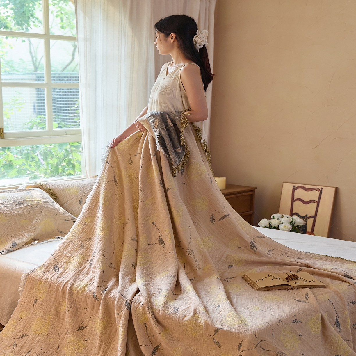 91家纺网 家纺一手货源 找家纺 沐瑟家纺 2025新款四层纱布全棉流苏毯子纱布床盖毛巾被纯棉棉纱夏凉被午睡盖毯三件套 柠染