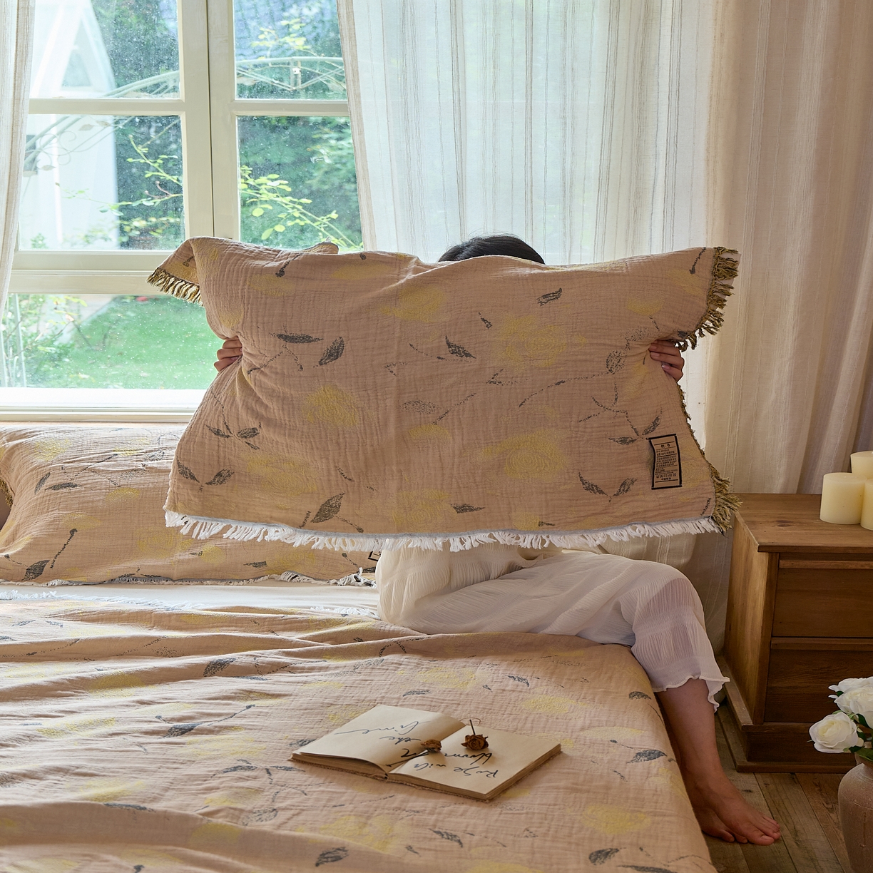 91家纺网 家纺一手货源 找家纺 沐瑟家纺 2025新款四层纱布全棉流苏毯子纱布床盖毛巾被纯棉棉纱夏凉被午睡盖毯三件套 柠染