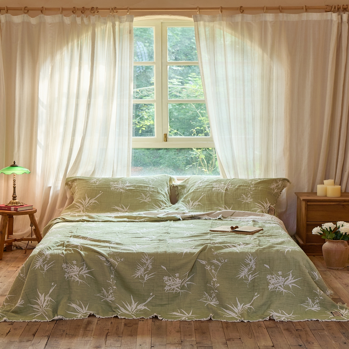 91家纺网 家纺一手货源 找家纺 沐瑟家纺 2025新款四层纱布全棉流苏毯子纱布床盖毛巾被纯棉棉纱夏凉被午睡盖毯三件套 清叶