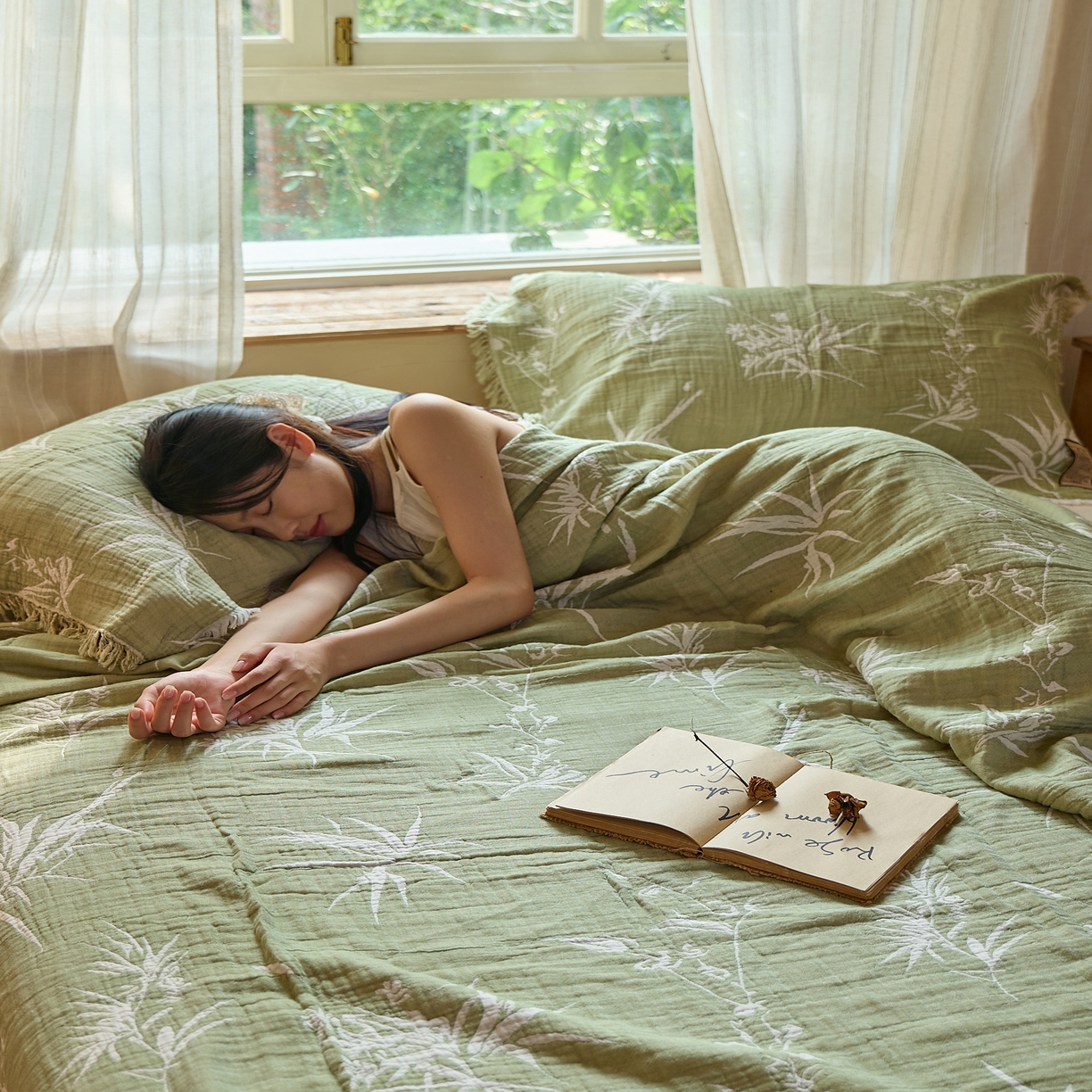 91家纺网 家纺一手货源 找家纺 沐瑟家纺 2025新款四层纱布全棉流苏毯子纱布床盖毛巾被纯棉棉纱夏凉被午睡盖毯三件套 清叶