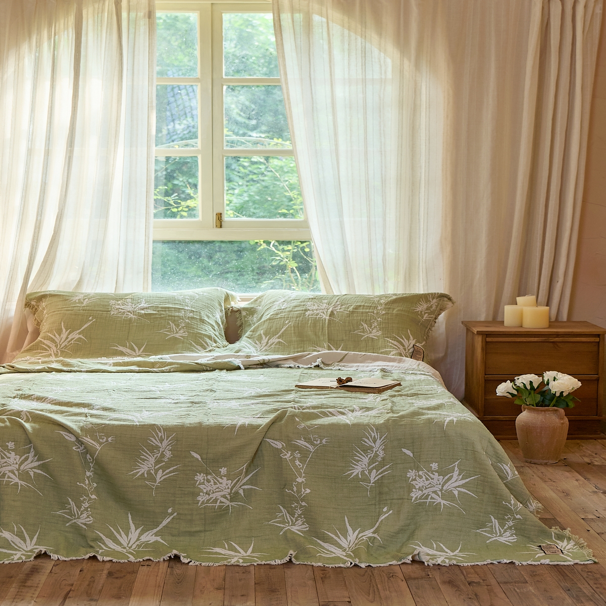 91家纺网 家纺一手货源 找家纺 沐瑟家纺 2025新款四层纱布全棉流苏毯子纱布床盖毛巾被纯棉棉纱夏凉被午睡盖毯三件套 清叶