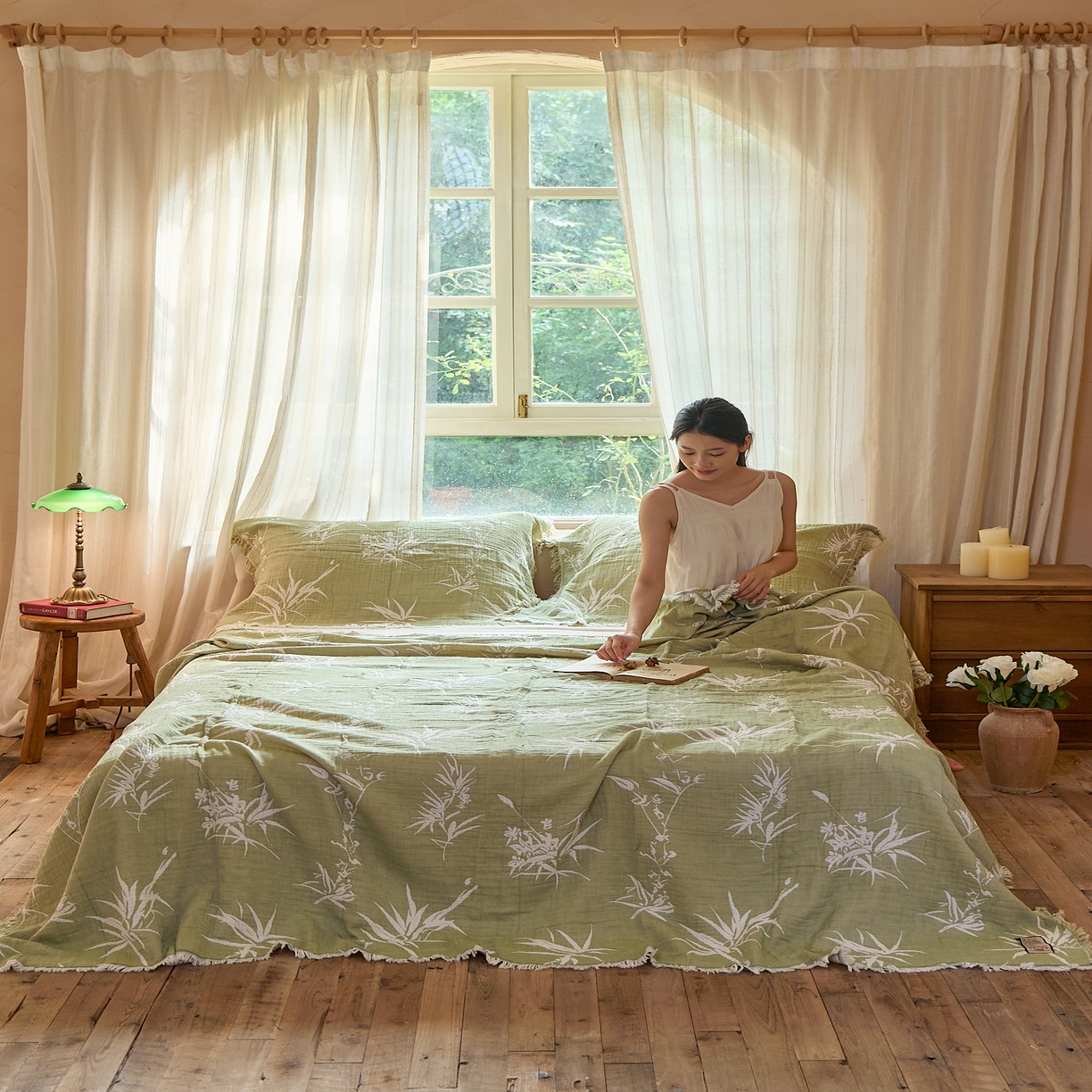 91家纺网 家纺一手货源 找家纺 沐瑟家纺 2025新款四层纱布全棉流苏毯子纱布床盖毛巾被纯棉棉纱夏凉被午睡盖毯三件套 清叶