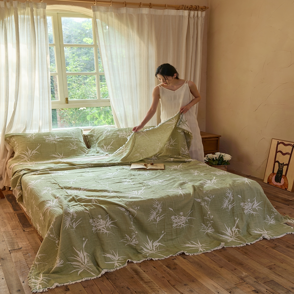 91家纺网 家纺一手货源 找家纺 沐瑟家纺 2025新款四层纱布全棉流苏毯子纱布床盖毛巾被纯棉棉纱夏凉被午睡盖毯三件套 清叶
