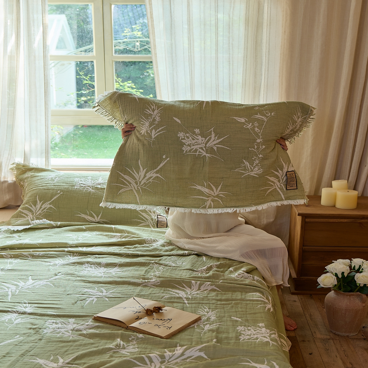 91家纺网 家纺一手货源 找家纺 沐瑟家纺 2025新款四层纱布全棉流苏毯子纱布床盖毛巾被纯棉棉纱夏凉被午睡盖毯三件套 清叶