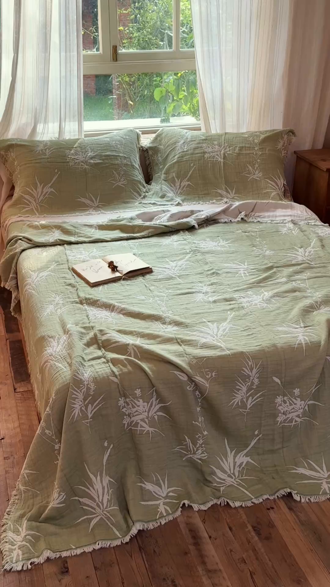 91家纺网 家纺一手货源 找家纺 沐瑟家纺 2025新款四层纱布全棉流苏毯子纱布床盖毛巾被纯棉棉纱夏凉被午睡盖毯三件套 清叶