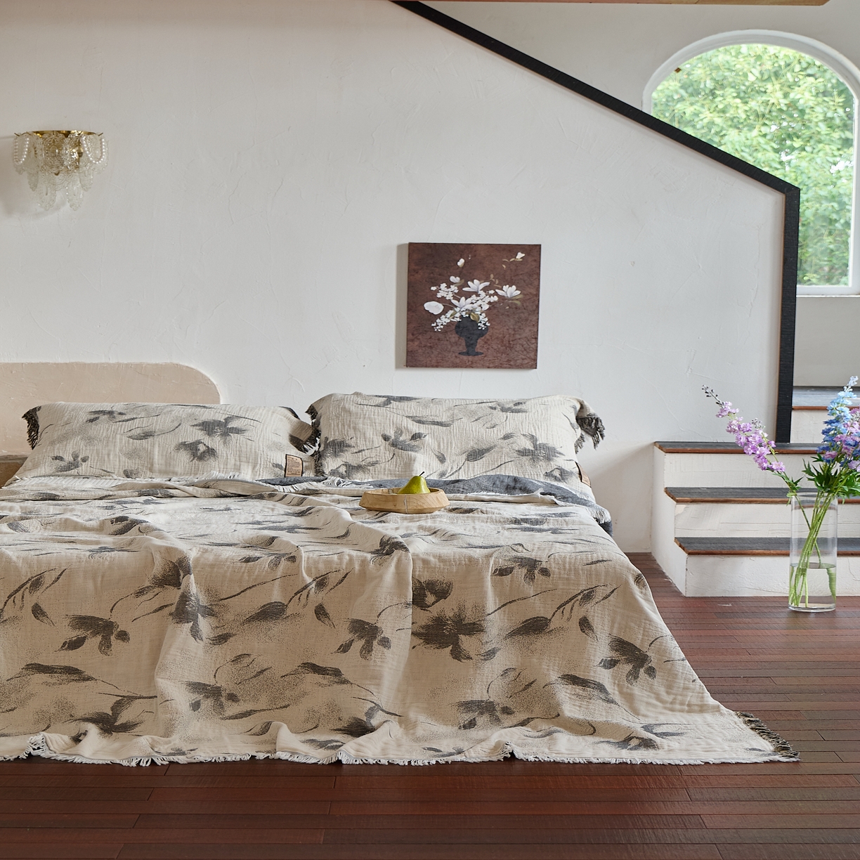 91家纺网 家纺一手货源 找家纺 沐瑟家纺 2025新款四层纱布全棉流苏毯子纱布床盖毛巾被纯棉棉纱夏凉被午睡盖毯三件套 水墨花