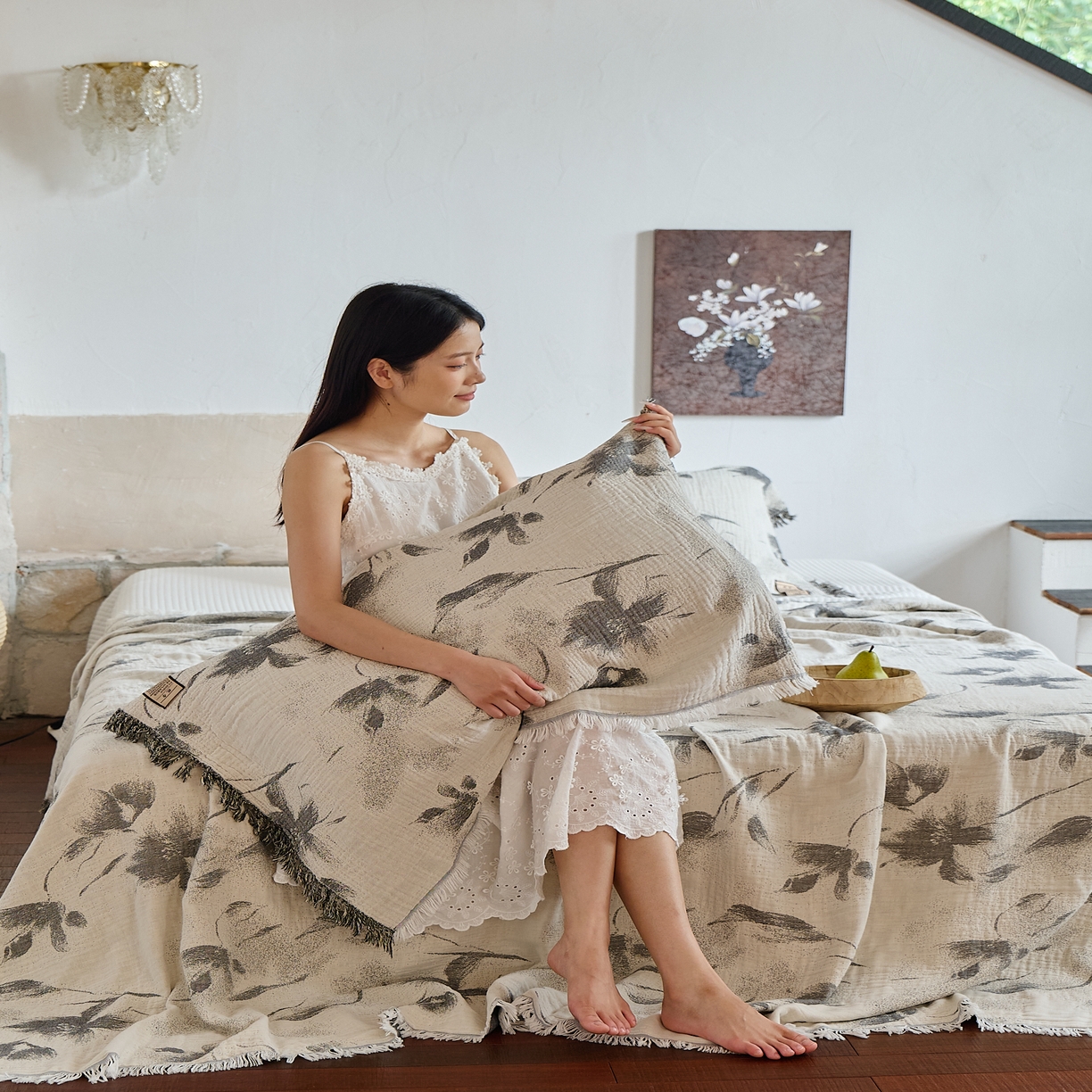 91家纺网 家纺一手货源 找家纺 沐瑟家纺 2025新款四层纱布全棉流苏毯子纱布床盖毛巾被纯棉棉纱夏凉被午睡盖毯三件套 水墨花