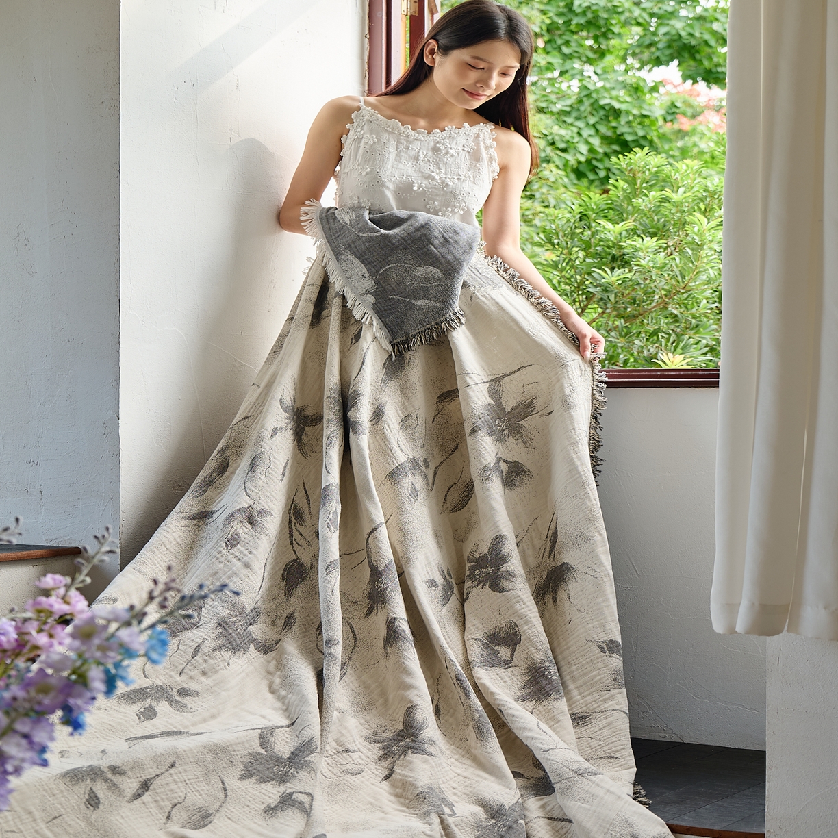 91家纺网 家纺一手货源 找家纺 沐瑟家纺 2025新款四层纱布全棉流苏毯子纱布床盖毛巾被纯棉棉纱夏凉被午睡盖毯三件套 水墨花