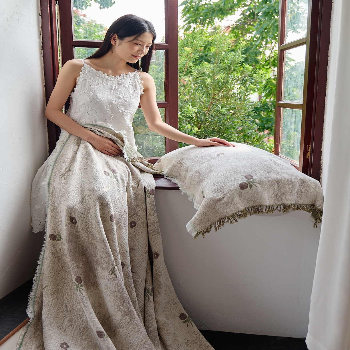 91家纺网 家纺一手货源 找家纺 沐瑟家纺 2025新款四层纱布全棉流苏毯子纱布床盖毛巾被纯棉棉纱夏凉被午睡盖毯三件套 微禾