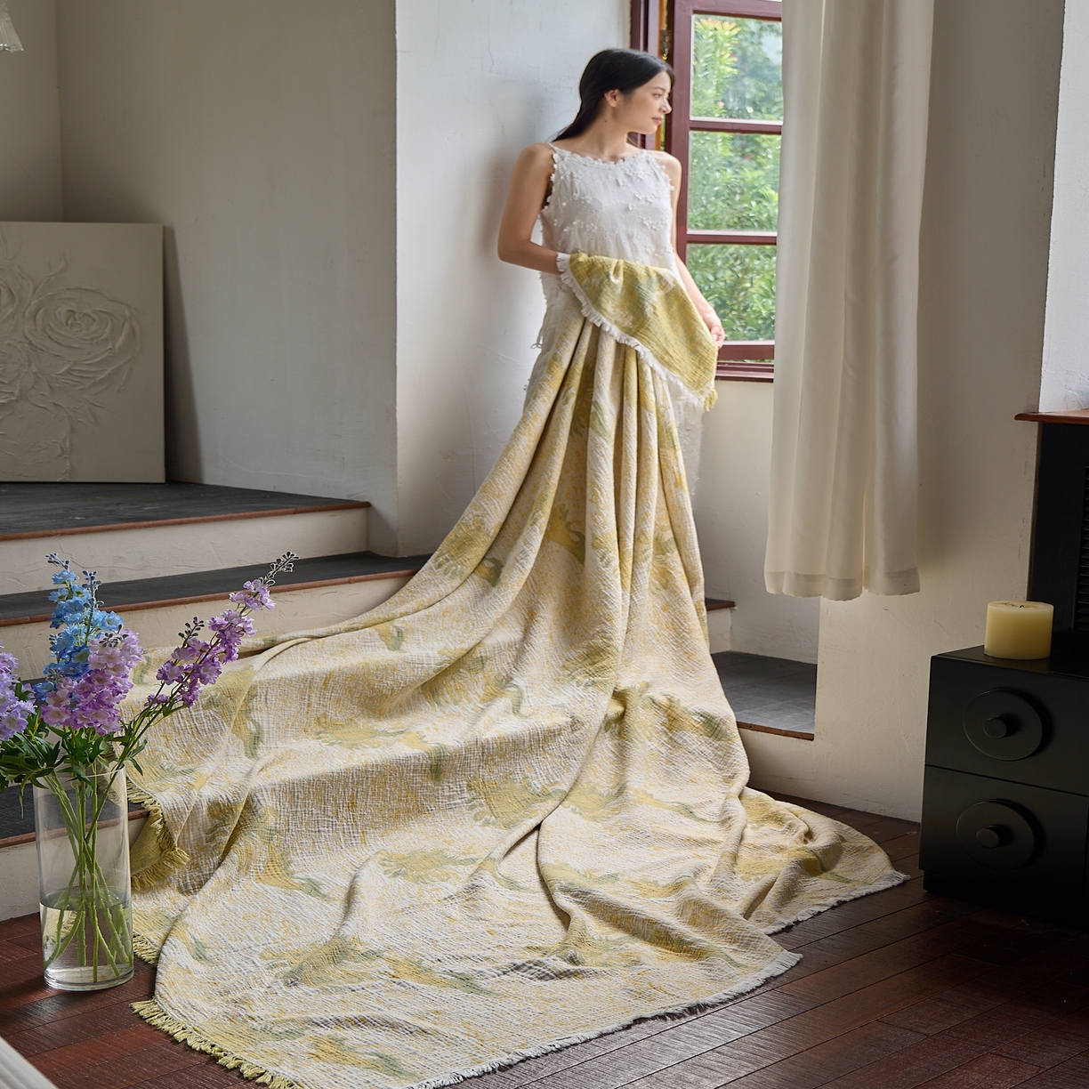 91家纺网 家纺一手货源 找家纺 沐瑟家纺 2025新款四层纱布全棉流苏毯子纱布床盖毛巾被纯棉棉纱夏凉被午睡盖毯三件套 柚屿