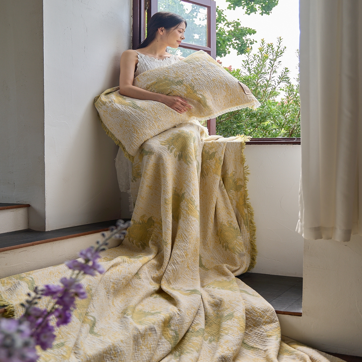 91家纺网 家纺一手货源 找家纺 沐瑟家纺 2025新款四层纱布全棉流苏毯子纱布床盖毛巾被纯棉棉纱夏凉被午睡盖毯三件套 柚屿