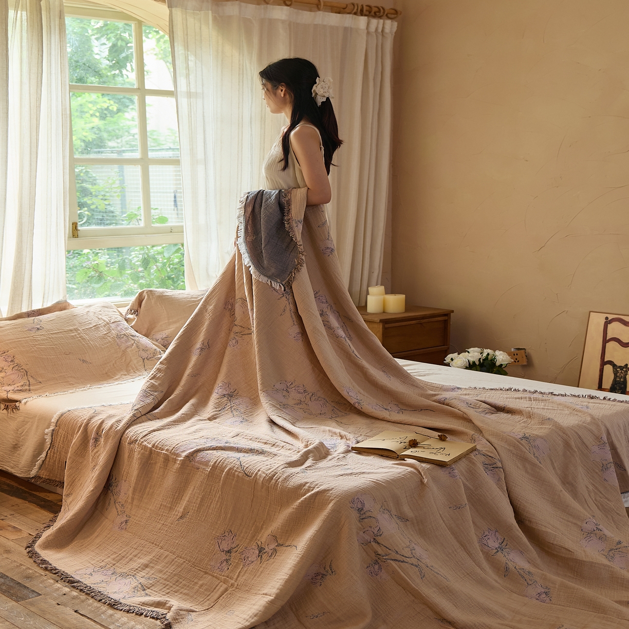 91家纺网 家纺一手货源 找家纺 沐瑟家纺 2025新款四层纱布全棉流苏毯子纱布床盖毛巾被纯棉棉纱夏凉被午睡盖毯三件套 沅蔓