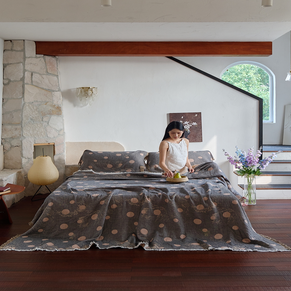 91家纺网 家纺一手货源 找家纺 沐瑟家纺 2025新款四层纱布全棉流苏毯子纱布床盖毛巾被纯棉棉纱夏凉被午睡盖毯三件套 月影