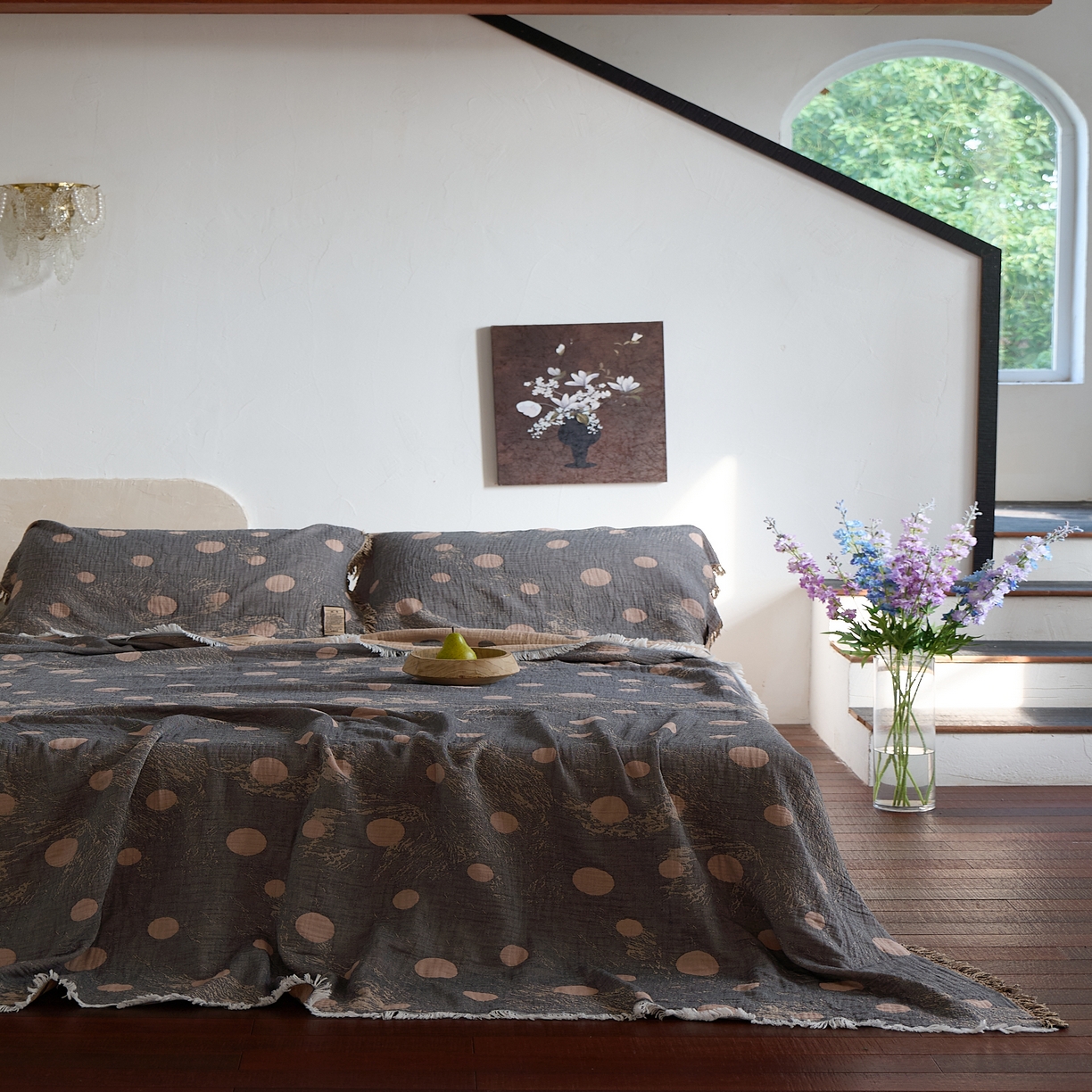 91家纺网 家纺一手货源 找家纺 沐瑟家纺 2025新款四层纱布全棉流苏毯子纱布床盖毛巾被纯棉棉纱夏凉被午睡盖毯三件套 月影