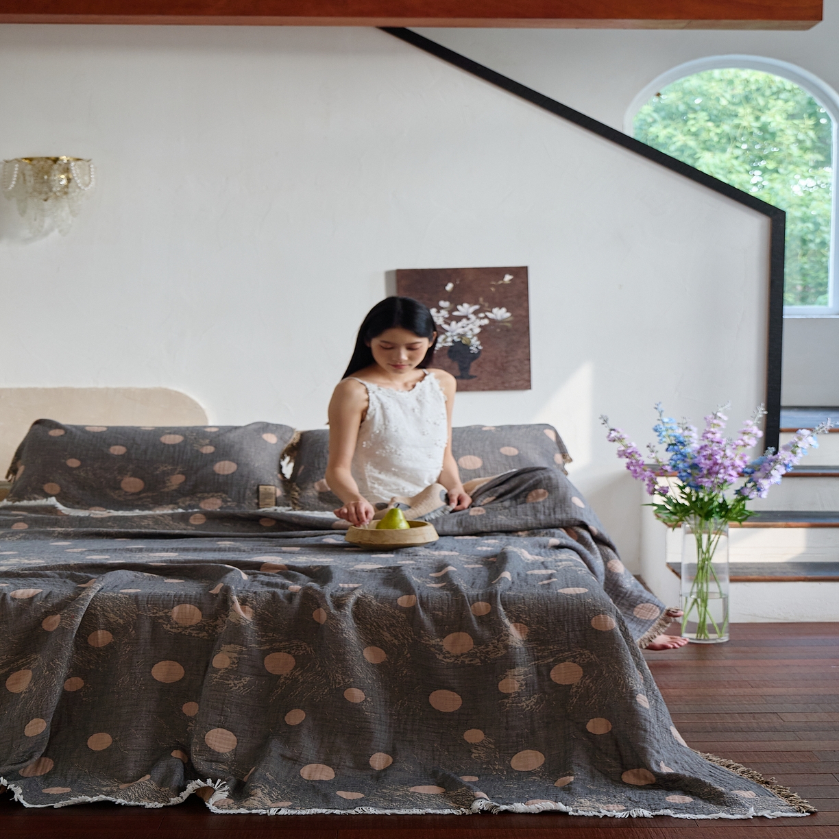 91家纺网 家纺一手货源 找家纺 沐瑟家纺 2025新款四层纱布全棉流苏毯子纱布床盖毛巾被纯棉棉纱夏凉被午睡盖毯三件套 月影