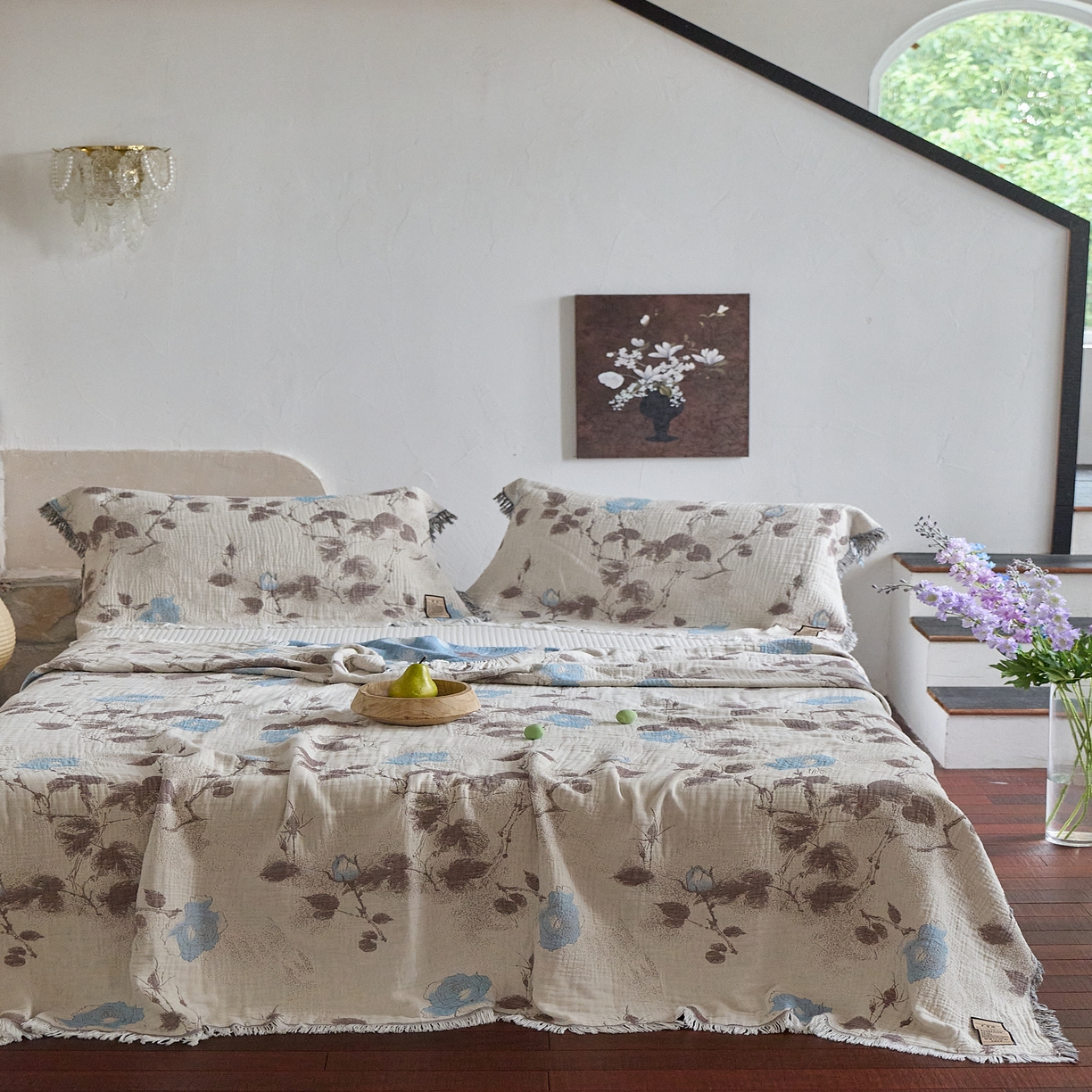 91家纺网 家纺一手货源 找家纺 沐瑟家纺 2025新款四层纱布全棉流苏毯子纱布床盖毛巾被纯棉棉纱夏凉被午睡盖毯三件套 枝蘭