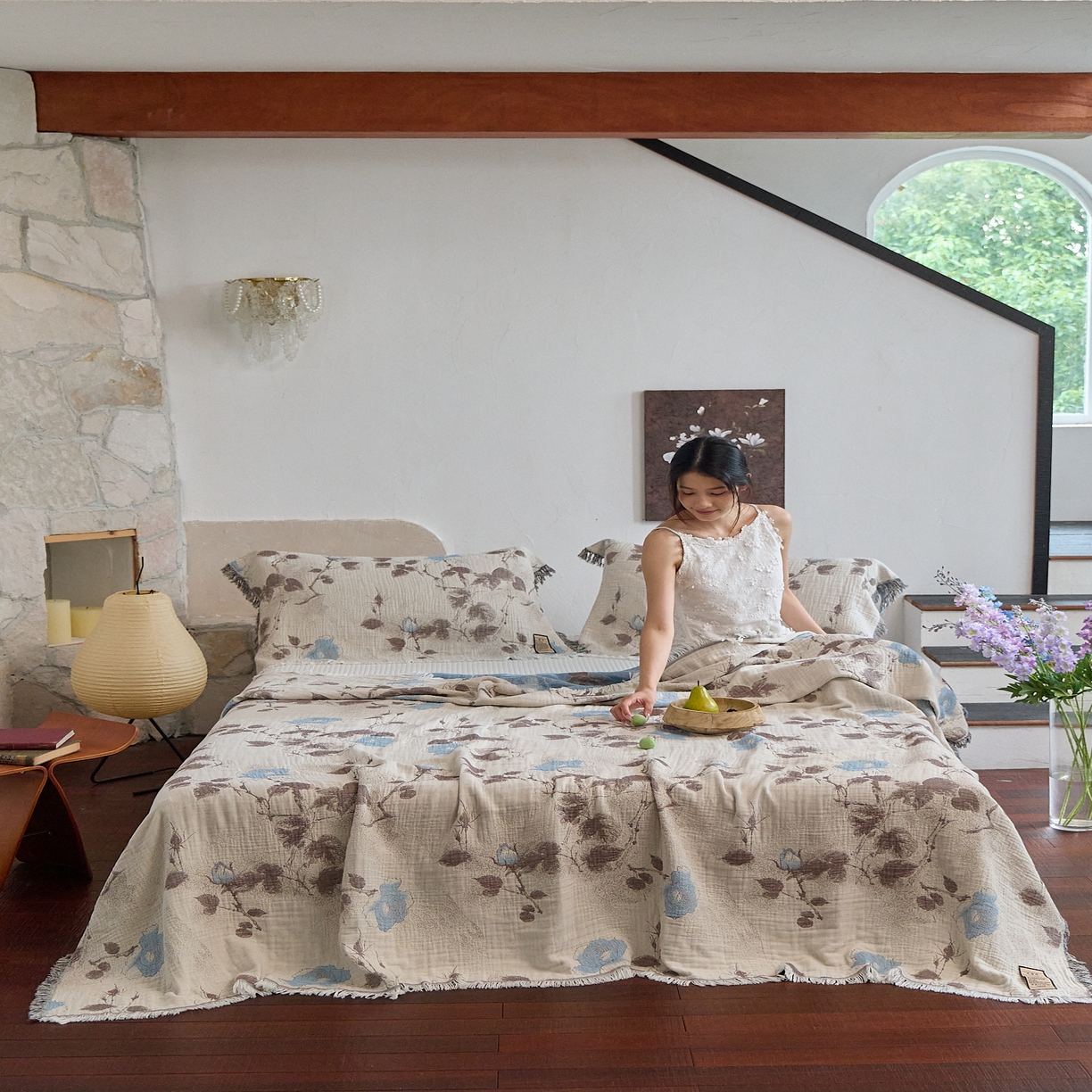 91家纺网 家纺一手货源 找家纺 沐瑟家纺 2025新款四层纱布全棉流苏毯子纱布床盖毛巾被纯棉棉纱夏凉被午睡盖毯三件套 枝蘭