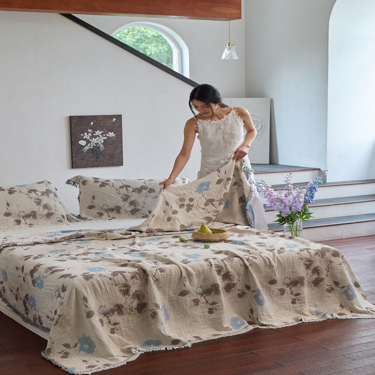 91家纺网 家纺一手货源 找家纺 沐瑟家纺 2025新款四层纱布全棉流苏毯子纱布床盖毛巾被纯棉棉纱夏凉被午睡盖毯三件套 枝蘭