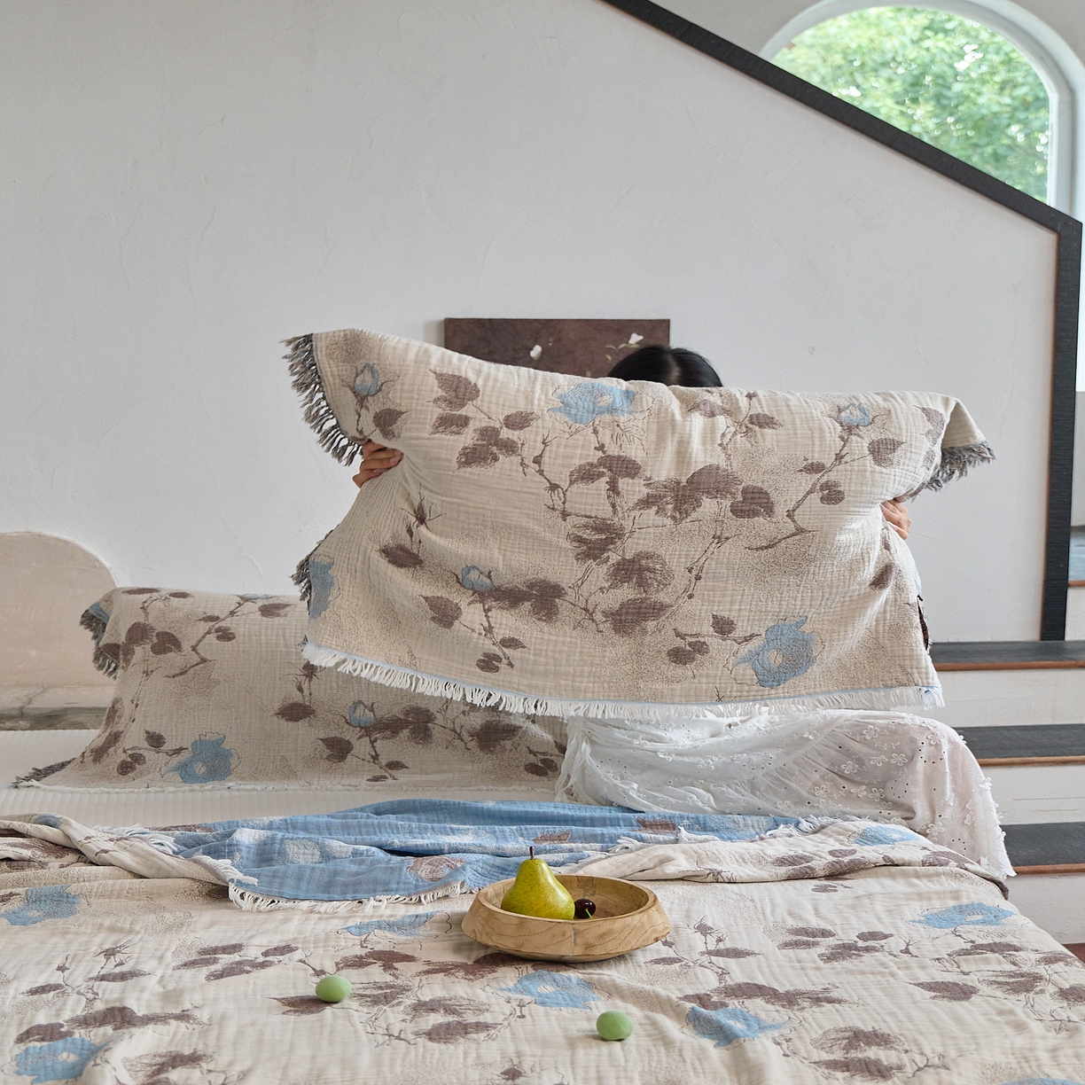 91家纺网 家纺一手货源 找家纺 沐瑟家纺 2025新款四层纱布全棉流苏毯子纱布床盖毛巾被纯棉棉纱夏凉被午睡盖毯三件套 枝蘭