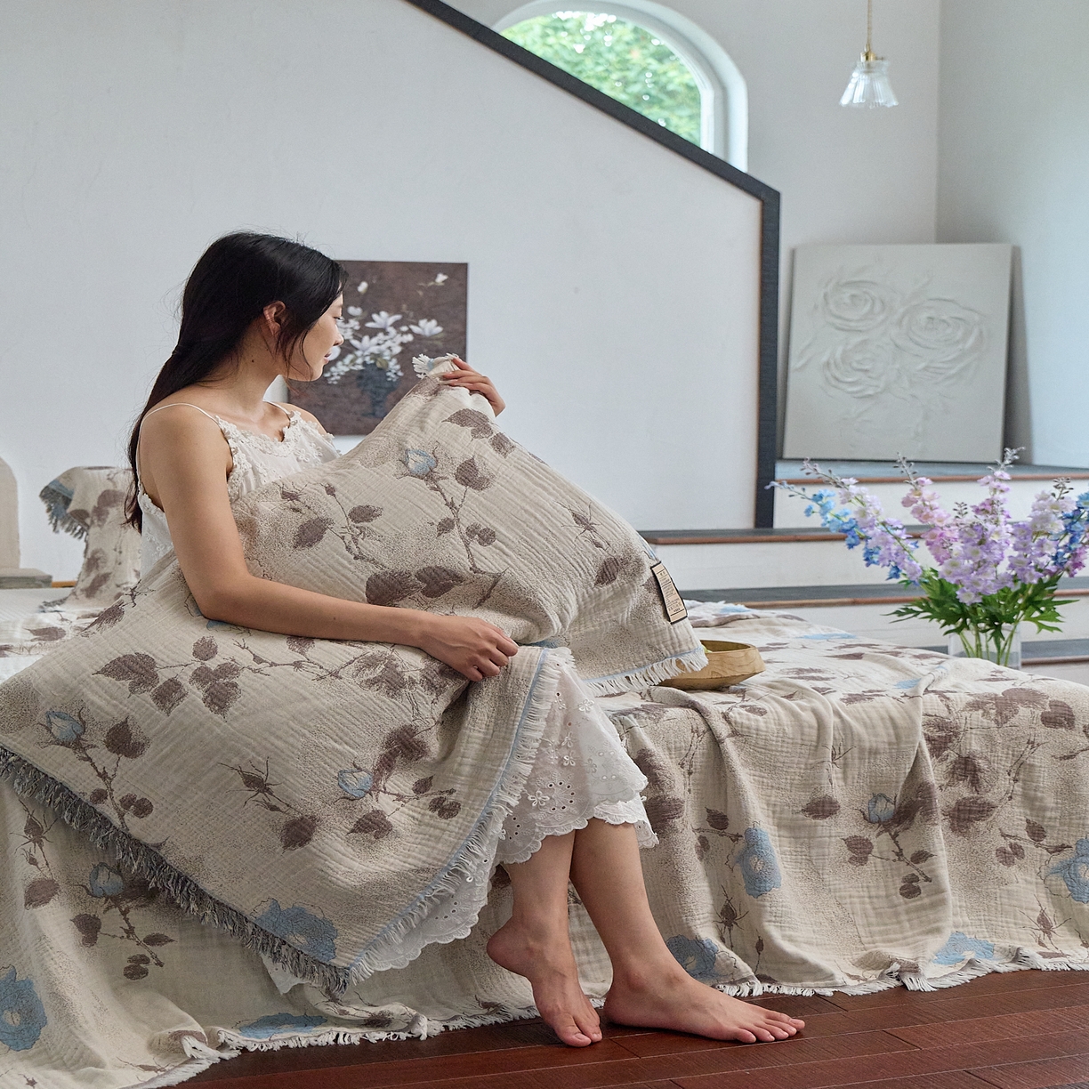 91家纺网 家纺一手货源 找家纺 沐瑟家纺 2025新款四层纱布全棉流苏毯子纱布床盖毛巾被纯棉棉纱夏凉被午睡盖毯三件套 枝蘭