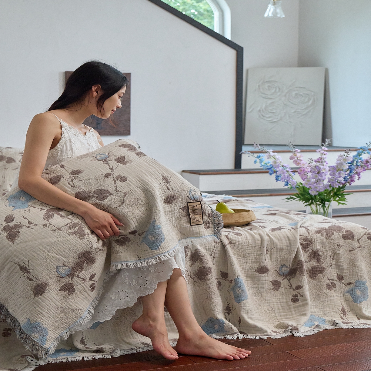 91家纺网 家纺一手货源 找家纺 沐瑟家纺 2025新款四层纱布全棉流苏毯子纱布床盖毛巾被纯棉棉纱夏凉被午睡盖毯三件套 枝蘭