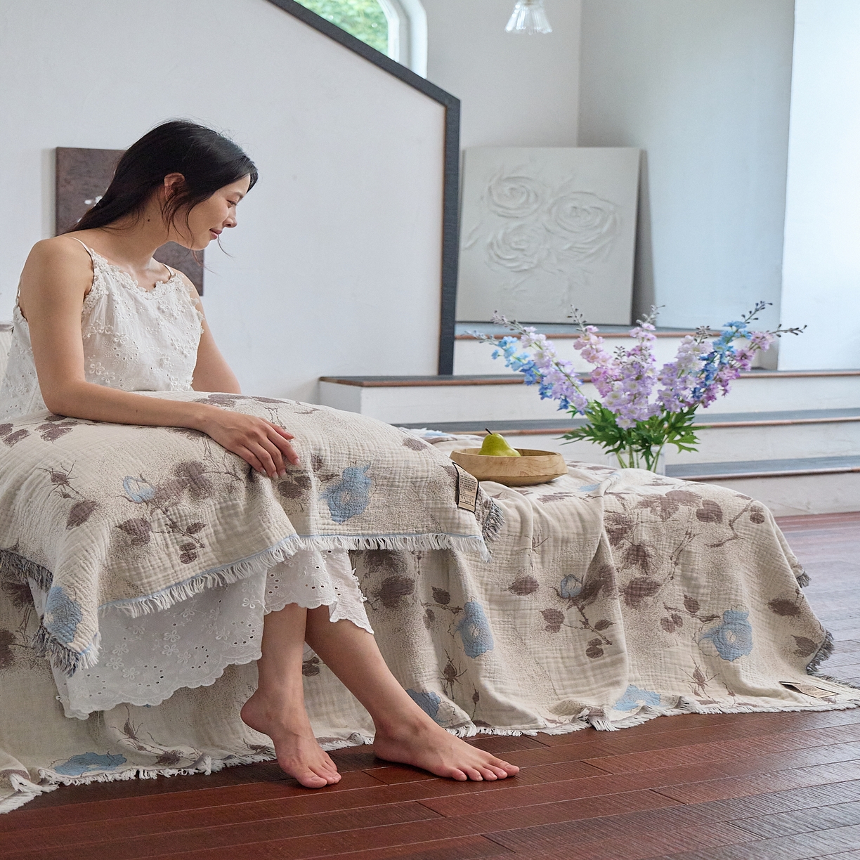 91家纺网 家纺一手货源 找家纺 沐瑟家纺 2025新款四层纱布全棉流苏毯子纱布床盖毛巾被纯棉棉纱夏凉被午睡盖毯三件套 枝蘭