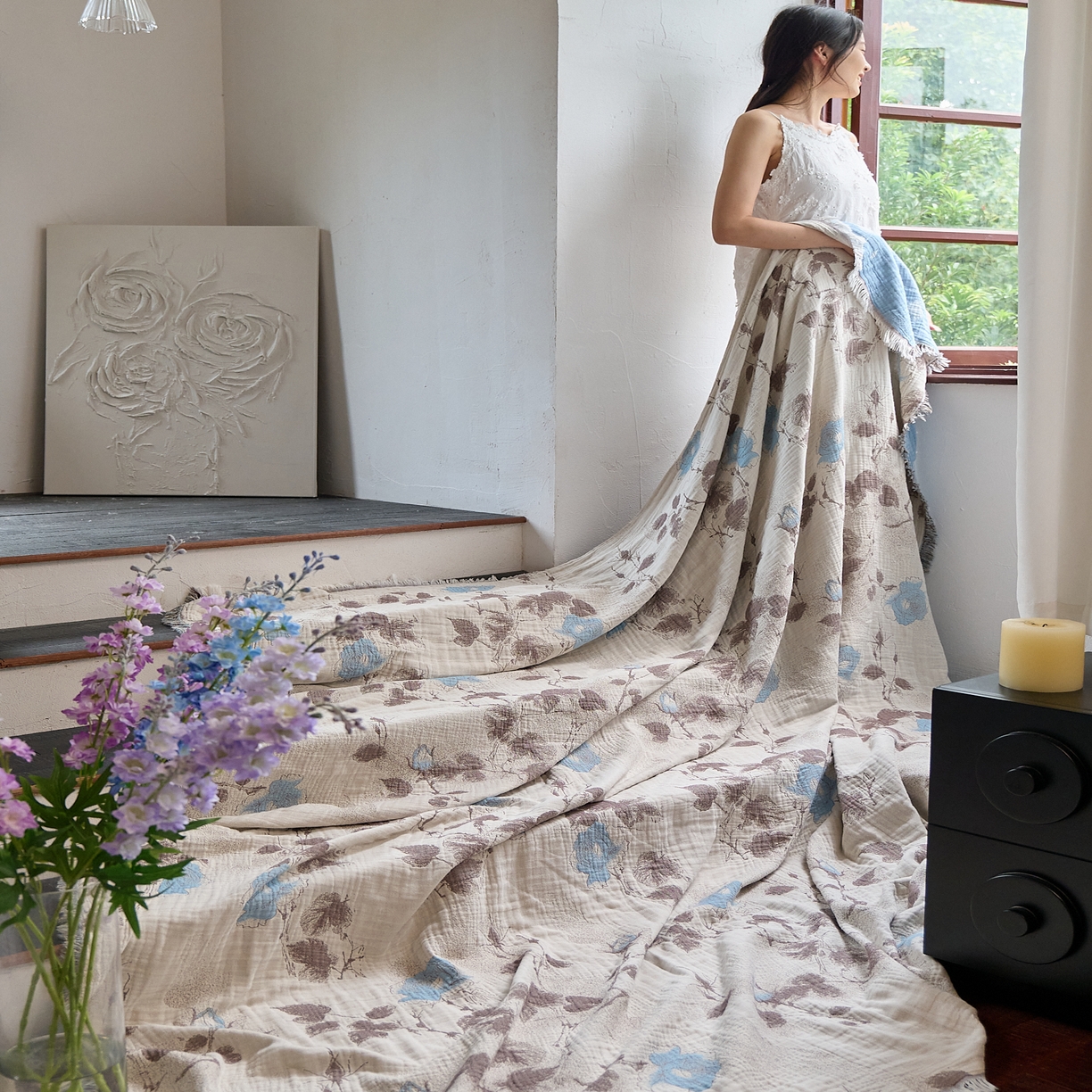 91家纺网 家纺一手货源 找家纺 沐瑟家纺 2025新款四层纱布全棉流苏毯子纱布床盖毛巾被纯棉棉纱夏凉被午睡盖毯三件套 枝蘭