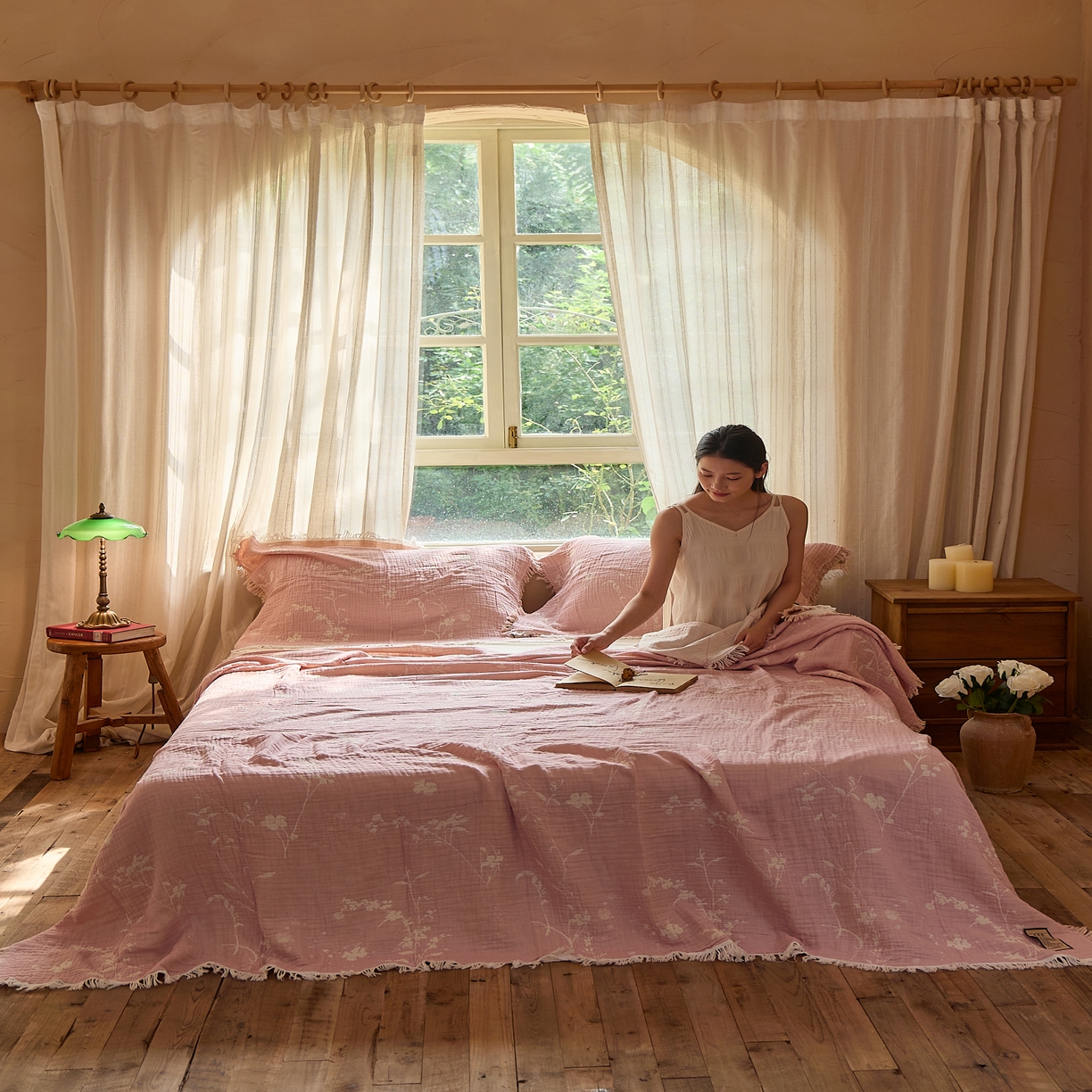 91家纺网 家纺一手货源 找家纺 沐瑟家纺 2025新款四层纱布全棉流苏毯子纱布床盖毛巾被纯棉棉纱夏凉被午睡盖毯 粉黛