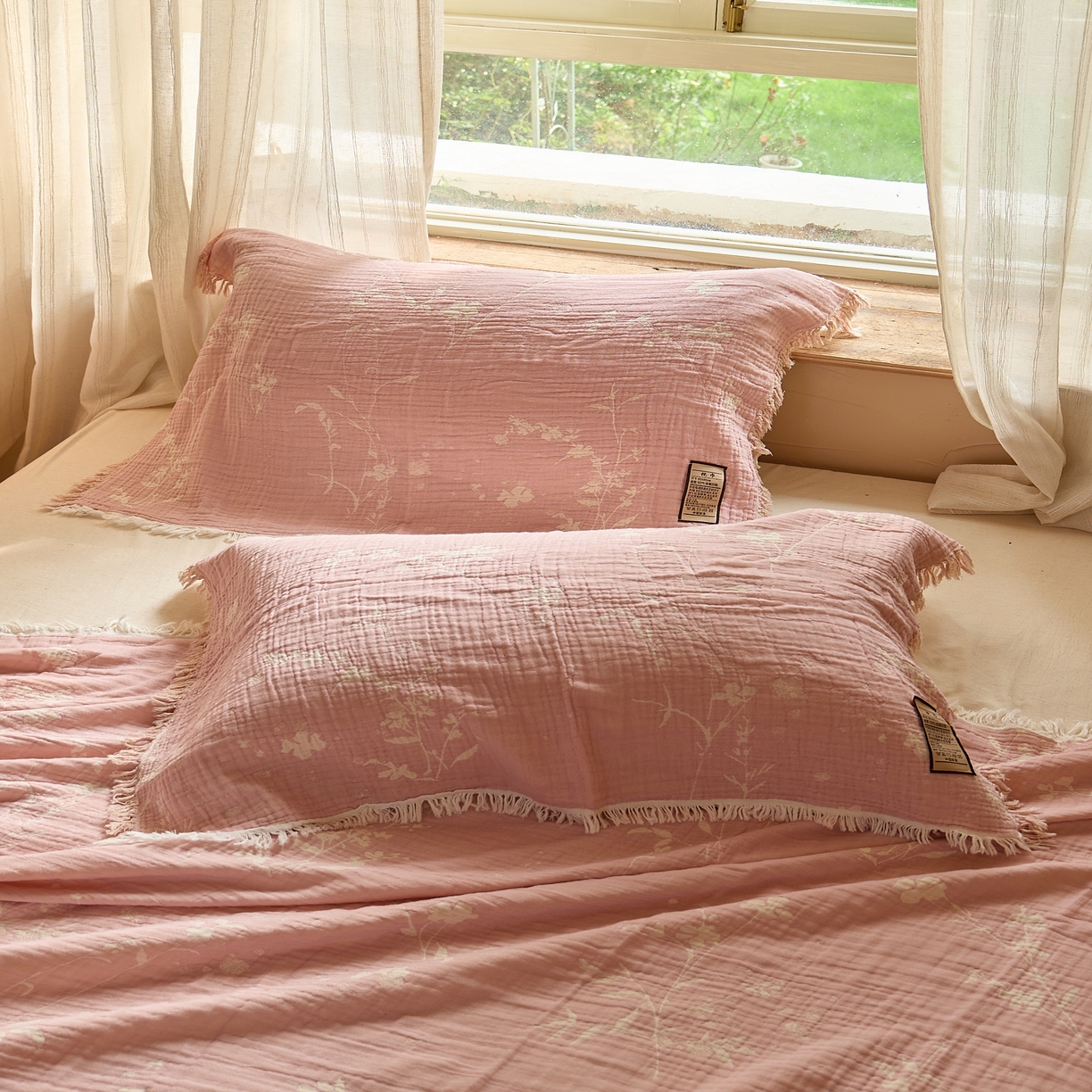 91家纺网 家纺一手货源 找家纺 沐瑟家纺 2025新款四层纱布全棉流苏毯子纱布床盖毛巾被纯棉棉纱夏凉被午睡盖毯 粉黛