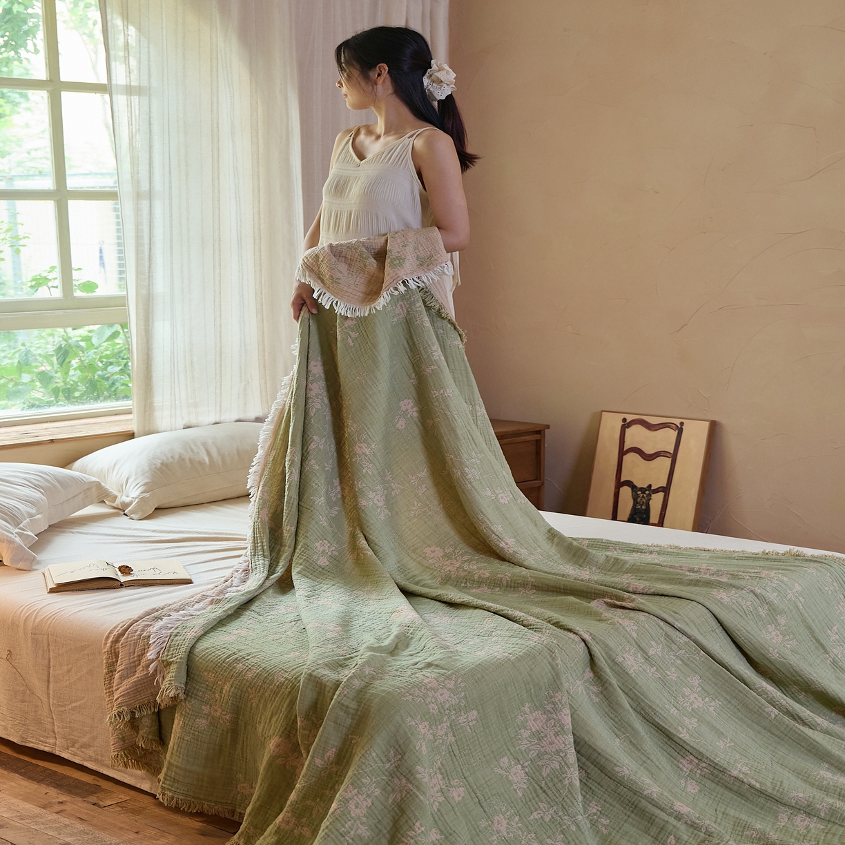 91家纺网 家纺一手货源 找家纺 沐瑟家纺 2025新款四层纱布全棉流苏毯子纱布床盖毛巾被纯棉棉纱夏凉被午睡盖毯 花湉-绿色