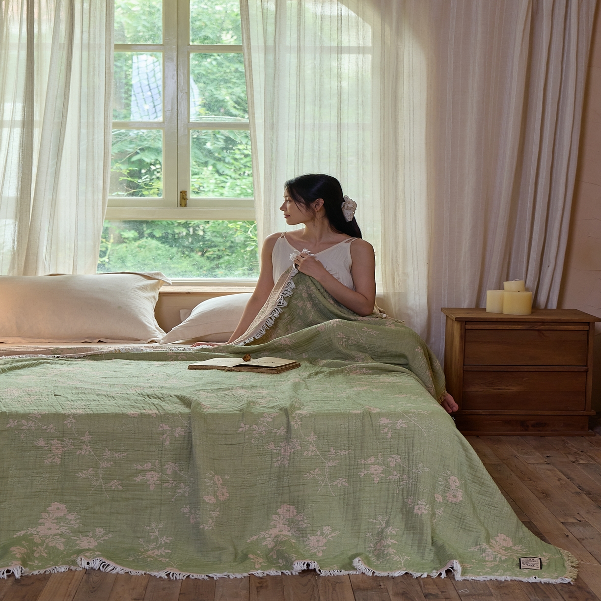 91家纺网 家纺一手货源 找家纺 沐瑟家纺 2025新款四层纱布全棉流苏毯子纱布床盖毛巾被纯棉棉纱夏凉被午睡盖毯 花湉-绿色