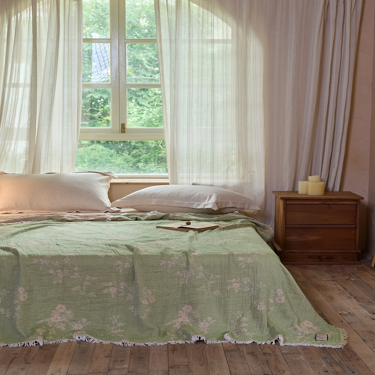 91家纺网 家纺一手货源 找家纺 沐瑟家纺 2025新款四层纱布全棉流苏毯子纱布床盖毛巾被纯棉棉纱夏凉被午睡盖毯 花湉-绿色