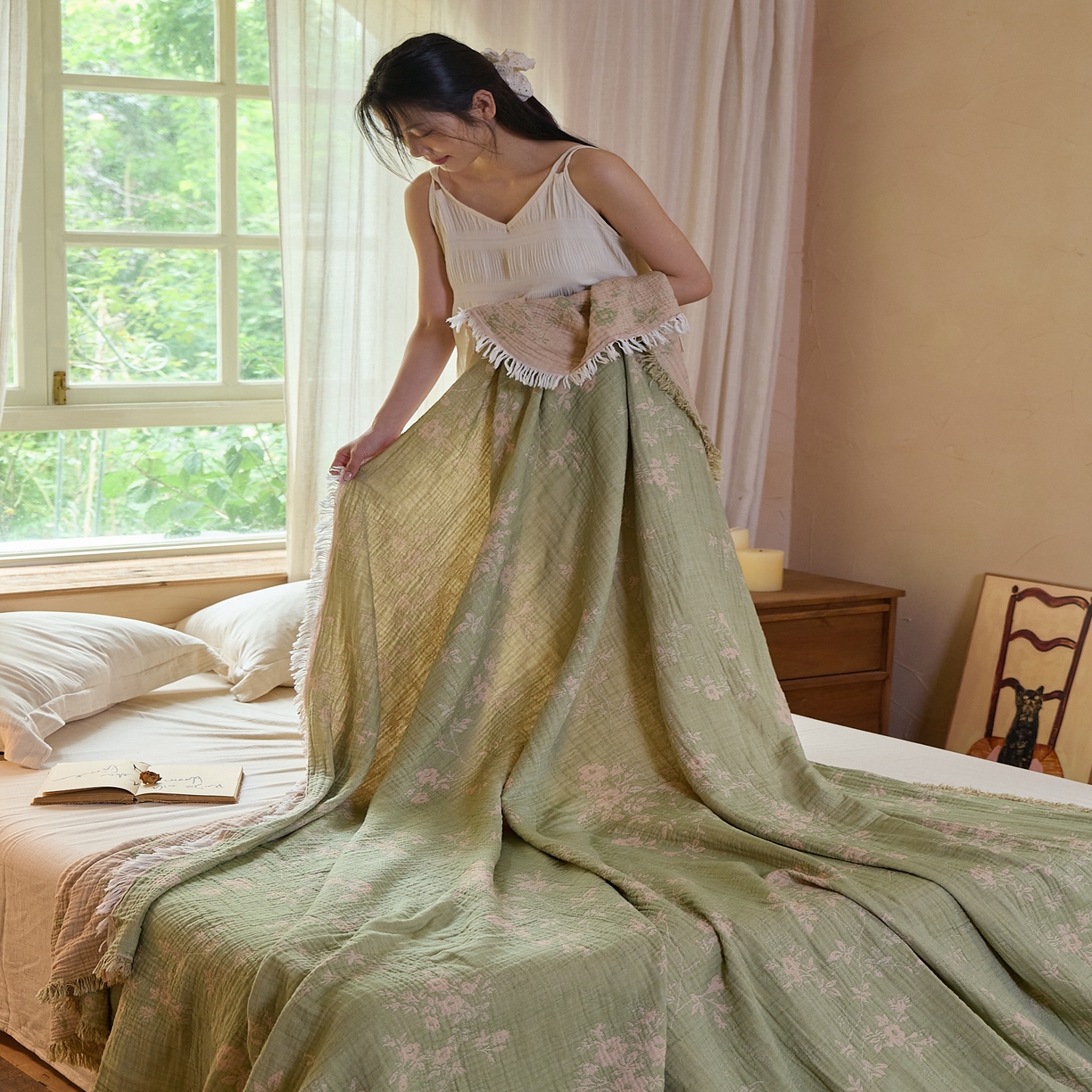 91家纺网 家纺一手货源 找家纺 沐瑟家纺 2025新款四层纱布全棉流苏毯子纱布床盖毛巾被纯棉棉纱夏凉被午睡盖毯 花湉-绿色