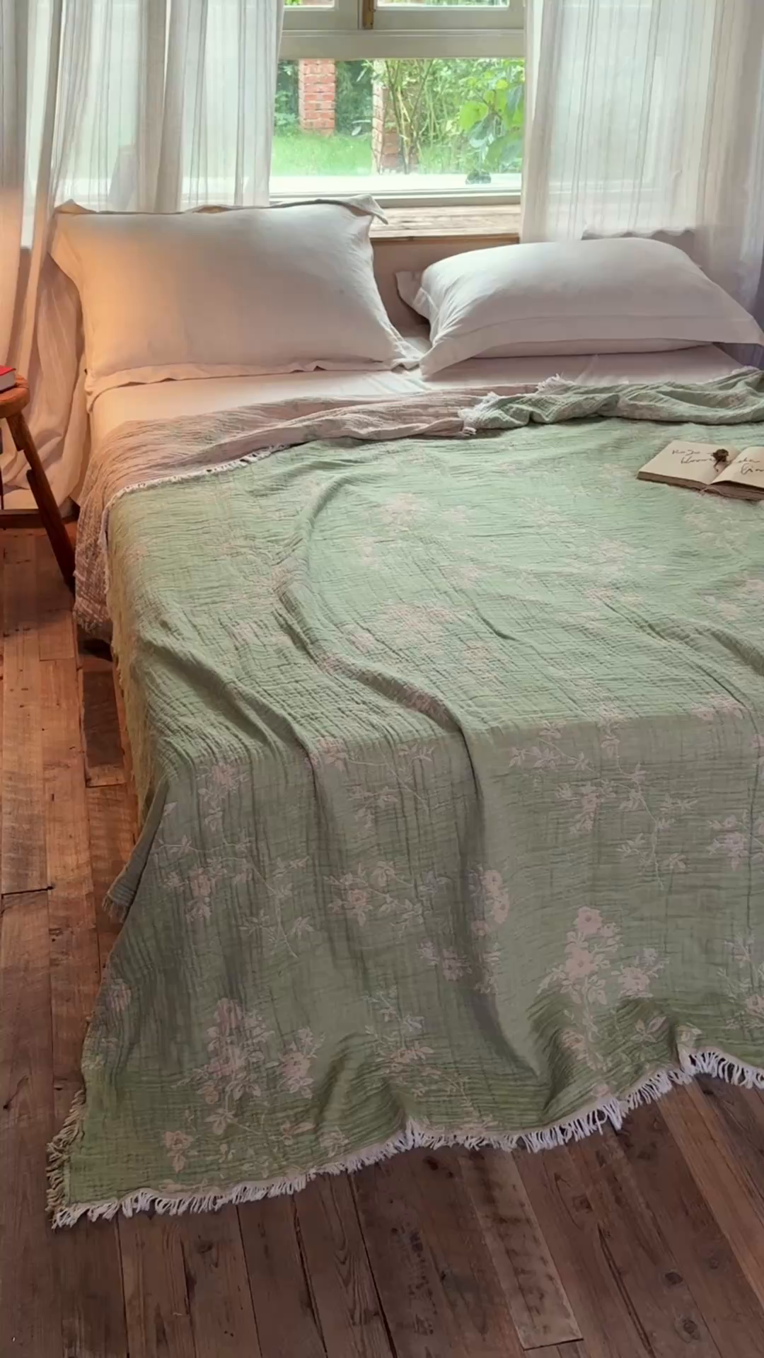 91家纺网 家纺一手货源 找家纺 沐瑟家纺 2025新款四层纱布全棉流苏毯子纱布床盖毛巾被纯棉棉纱夏凉被午睡盖毯 花湉-绿色