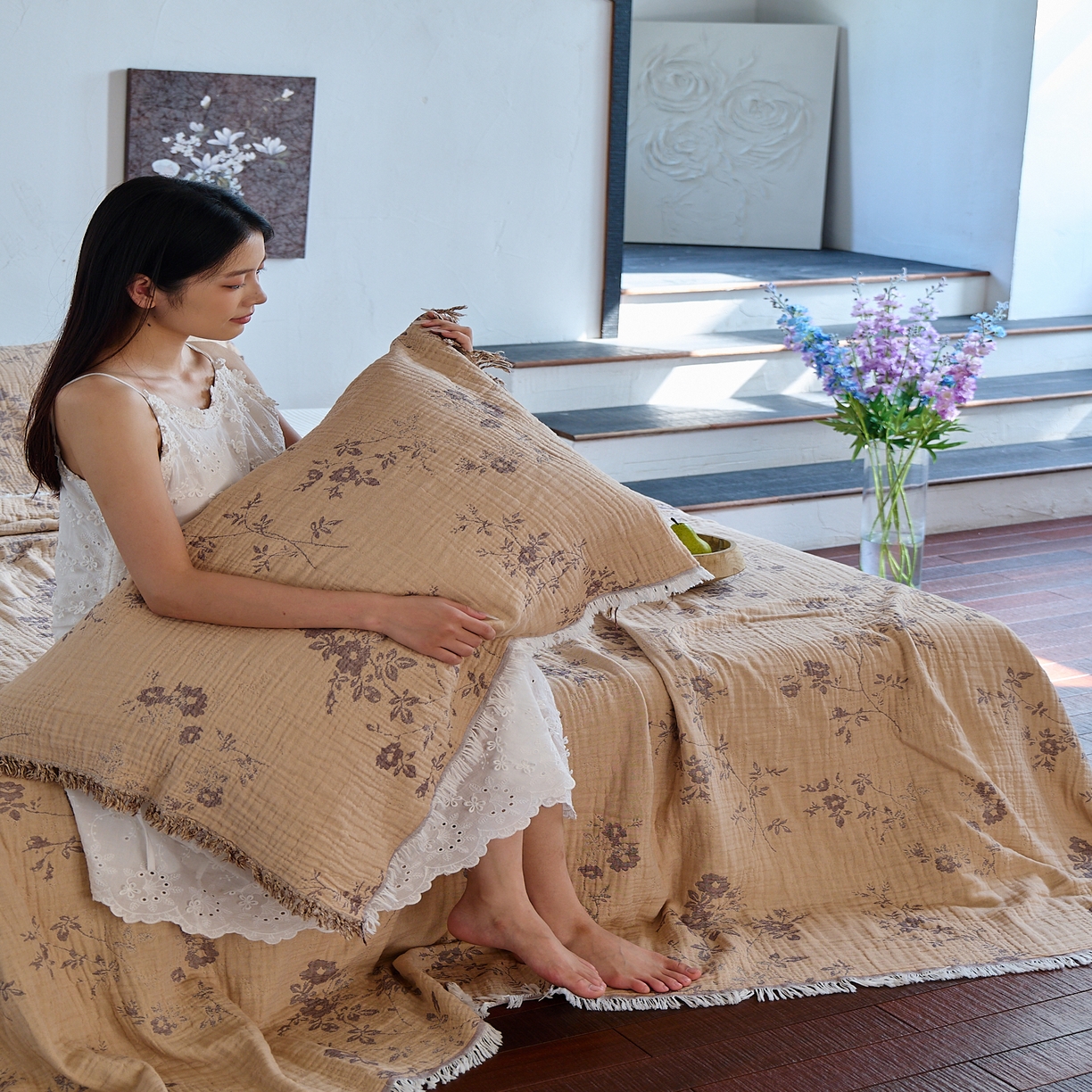 91家纺网 家纺一手货源 找家纺 沐瑟家纺 2025新款四层纱布全棉流苏毯子纱布床盖毛巾被纯棉棉纱夏凉被午睡盖毯 椛湉-咖色