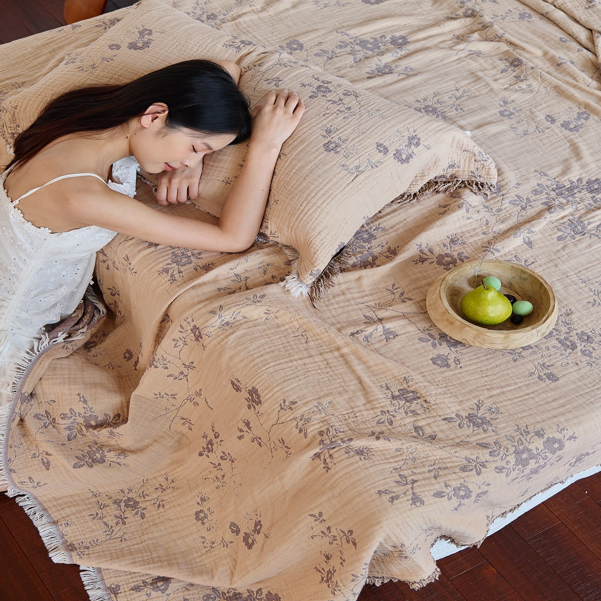 91家纺网 家纺一手货源 找家纺 沐瑟家纺 2025新款四层纱布全棉流苏毯子纱布床盖毛巾被纯棉棉纱夏凉被午睡盖毯 椛湉-咖色