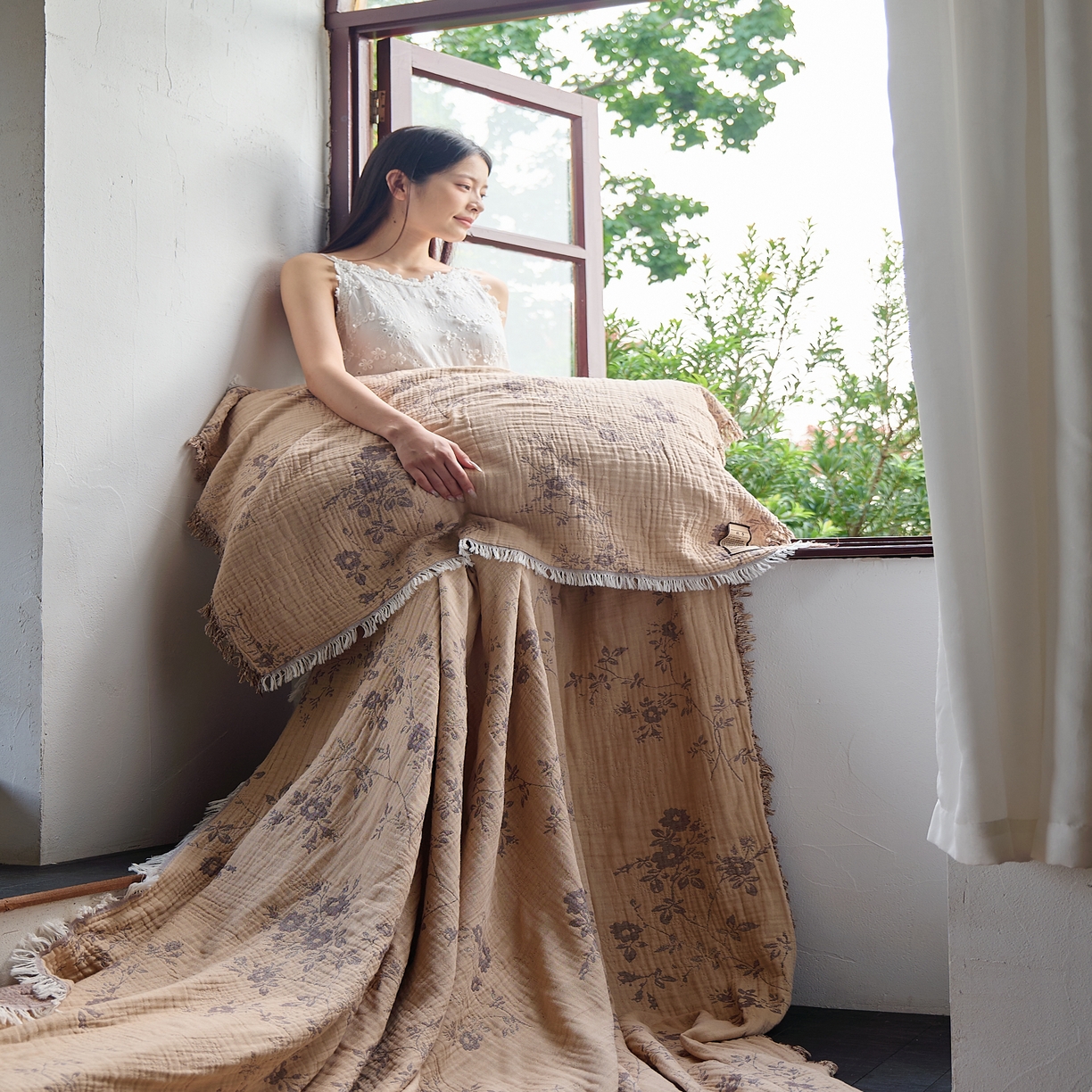 91家纺网 家纺一手货源 找家纺 沐瑟家纺 2025新款四层纱布全棉流苏毯子纱布床盖毛巾被纯棉棉纱夏凉被午睡盖毯 椛湉-咖色