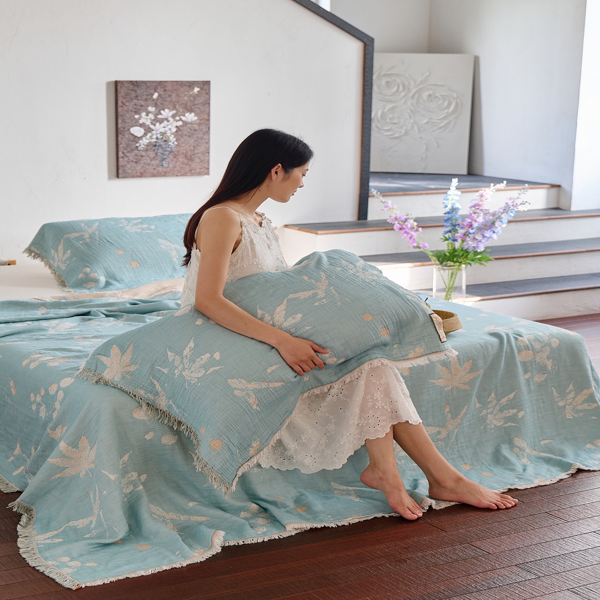 91家纺网 家纺一手货源 找家纺 沐瑟家纺 2025新款四层纱布全棉流苏毯子纱布床盖毛巾被纯棉棉纱夏凉被午睡盖毯 蘭素