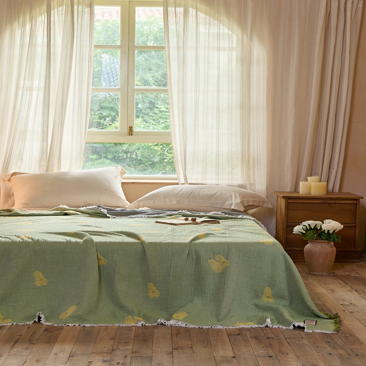 91家纺网 家纺一手货源 找家纺 沐瑟家纺 2025新款四层纱布全棉流苏毯子纱布床盖毛巾被纯棉棉纱夏凉被午睡盖毯 梨落