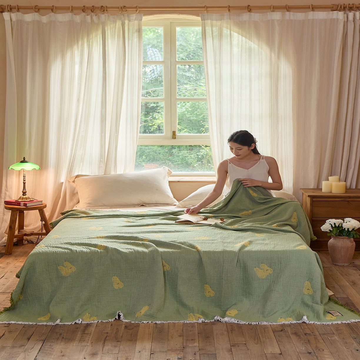 91家纺网 家纺一手货源 找家纺 沐瑟家纺 2025新款四层纱布全棉流苏毯子纱布床盖毛巾被纯棉棉纱夏凉被午睡盖毯 梨落