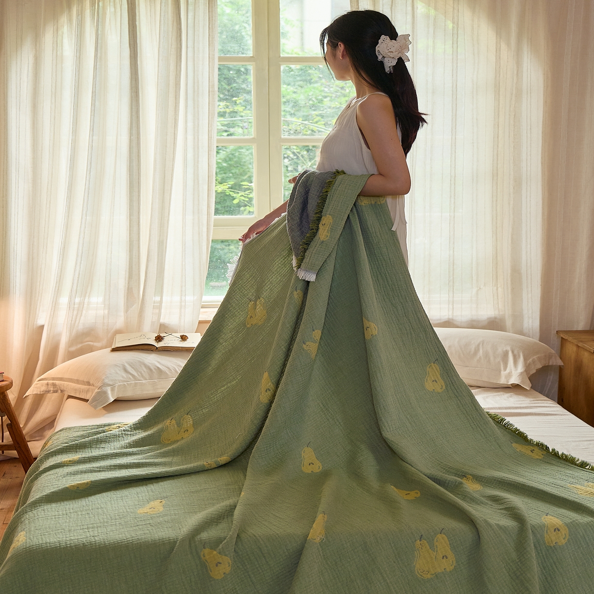 91家纺网 家纺一手货源 找家纺 沐瑟家纺 2025新款四层纱布全棉流苏毯子纱布床盖毛巾被纯棉棉纱夏凉被午睡盖毯 梨落