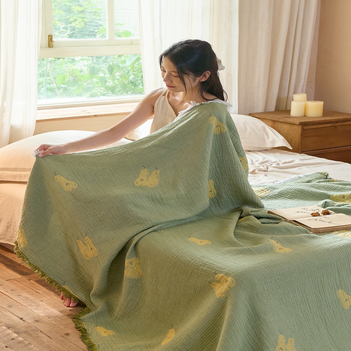 91家纺网 家纺一手货源 找家纺 沐瑟家纺 2025新款四层纱布全棉流苏毯子纱布床盖毛巾被纯棉棉纱夏凉被午睡盖毯 梨落