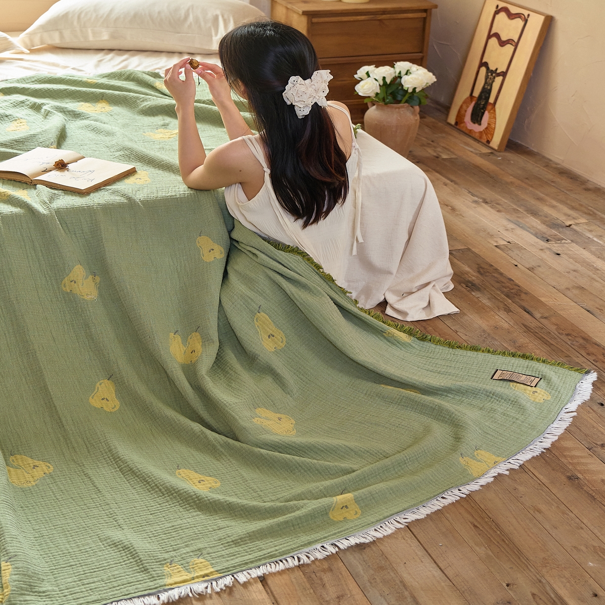 91家纺网 家纺一手货源 找家纺 沐瑟家纺 2025新款四层纱布全棉流苏毯子纱布床盖毛巾被纯棉棉纱夏凉被午睡盖毯 梨落