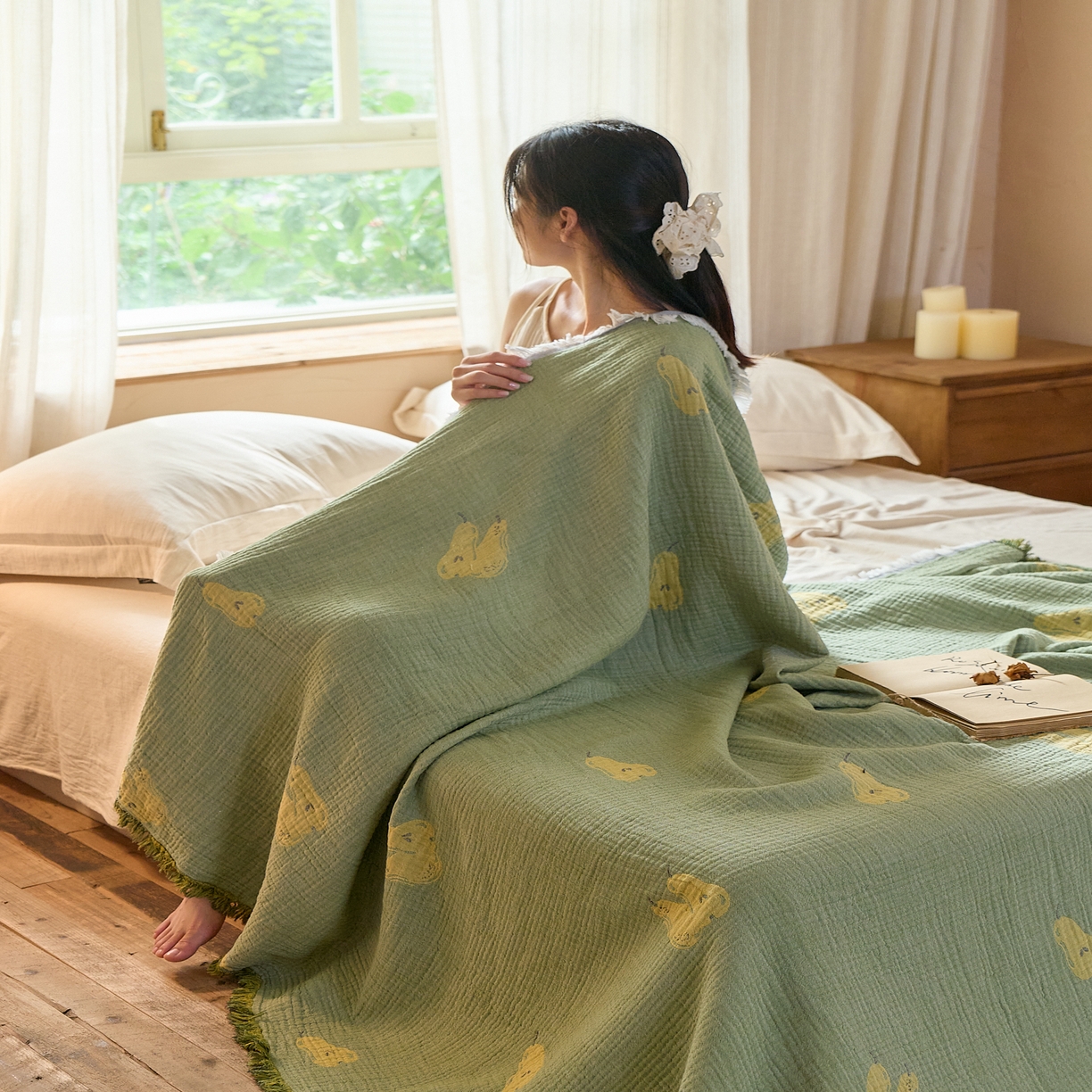 91家纺网 家纺一手货源 找家纺 沐瑟家纺 2025新款四层纱布全棉流苏毯子纱布床盖毛巾被纯棉棉纱夏凉被午睡盖毯 梨落