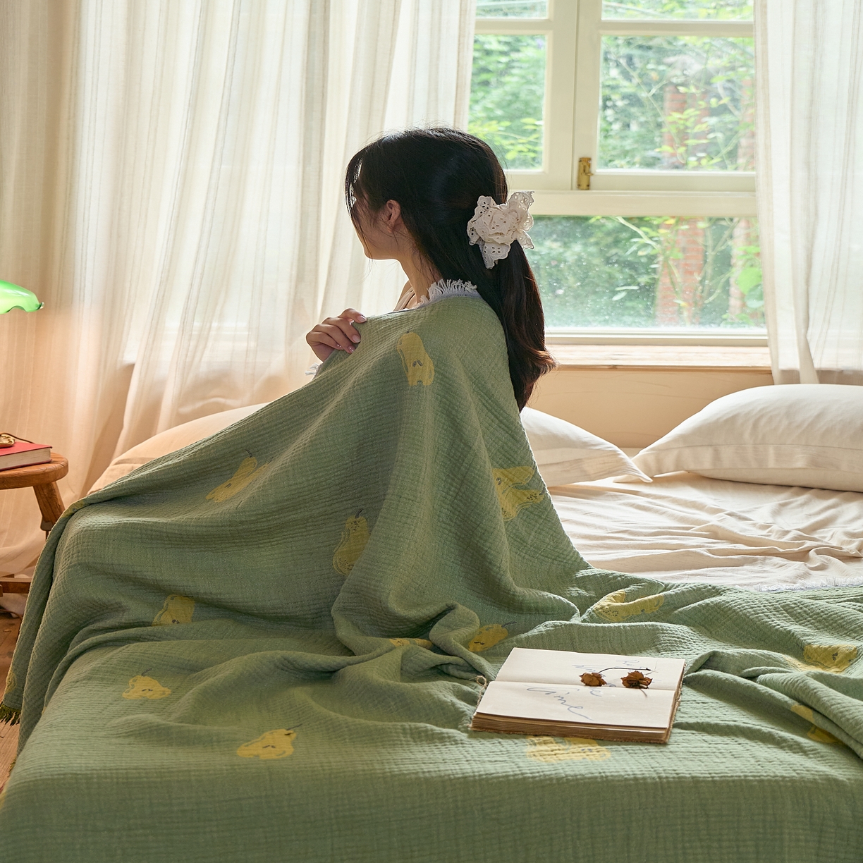 91家纺网 家纺一手货源 找家纺 沐瑟家纺 2025新款四层纱布全棉流苏毯子纱布床盖毛巾被纯棉棉纱夏凉被午睡盖毯 梨落