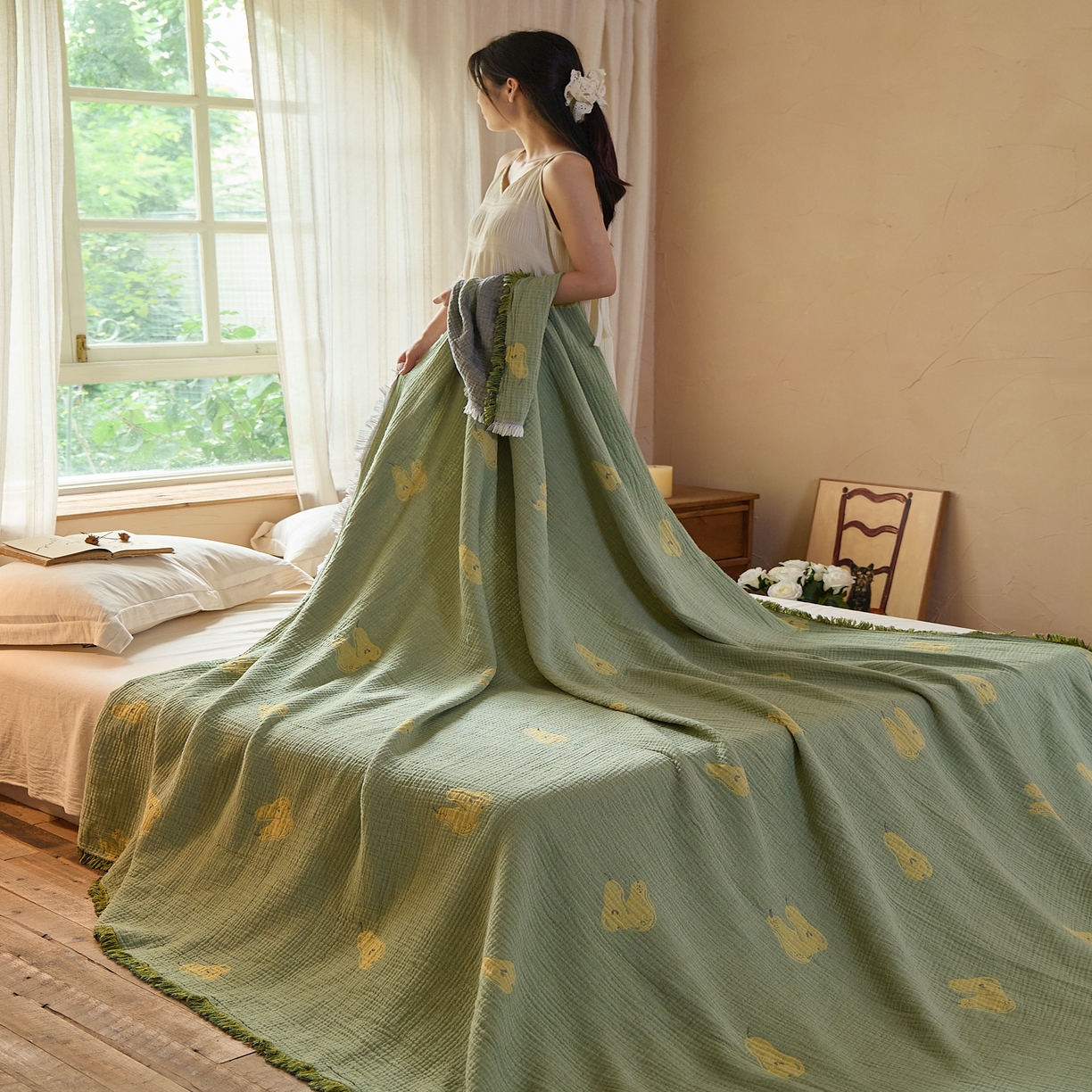 91家纺网 家纺一手货源 找家纺 沐瑟家纺 2025新款四层纱布全棉流苏毯子纱布床盖毛巾被纯棉棉纱夏凉被午睡盖毯 梨落