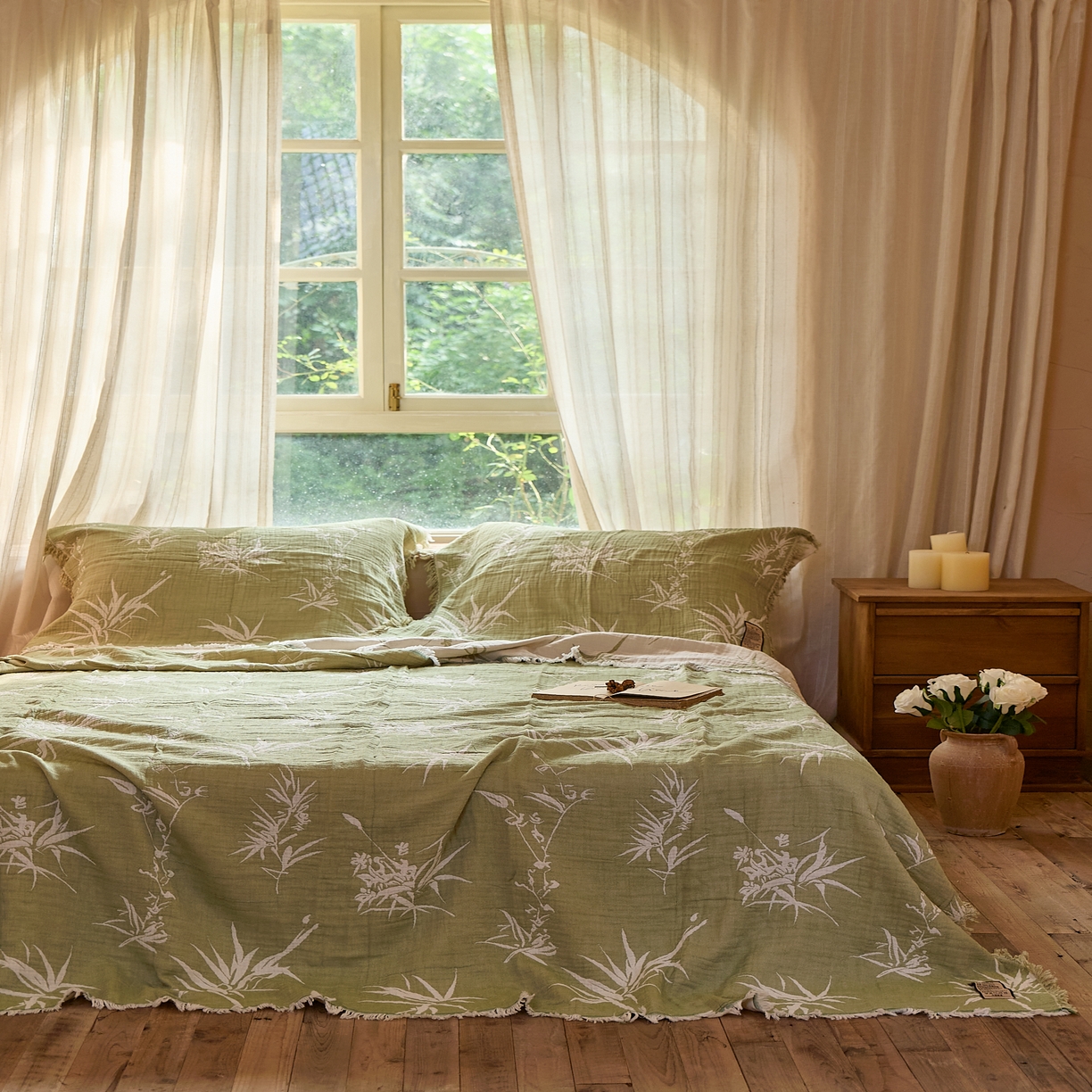 91家纺网 家纺一手货源 找家纺 沐瑟家纺 2025新款四层纱布全棉流苏毯子纱布床盖毛巾被纯棉棉纱夏凉被午睡盖毯 清叶